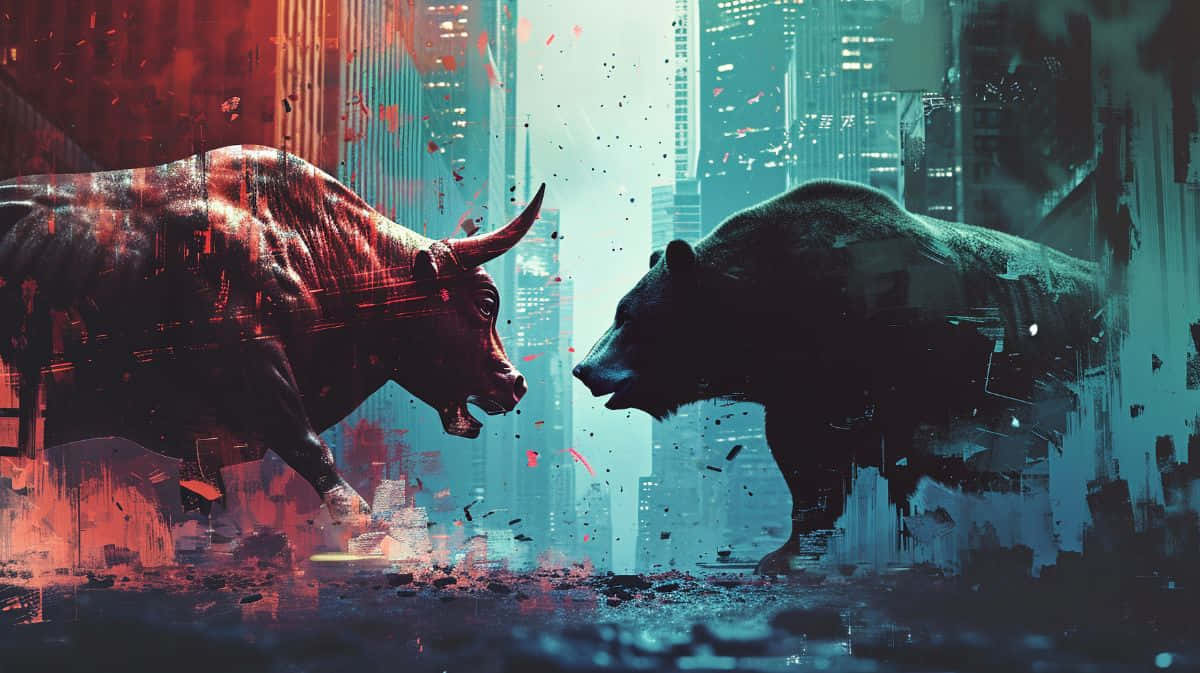 Bull Market, fiery red bull, shadowy blue bear, SD Desktop Wallpaper