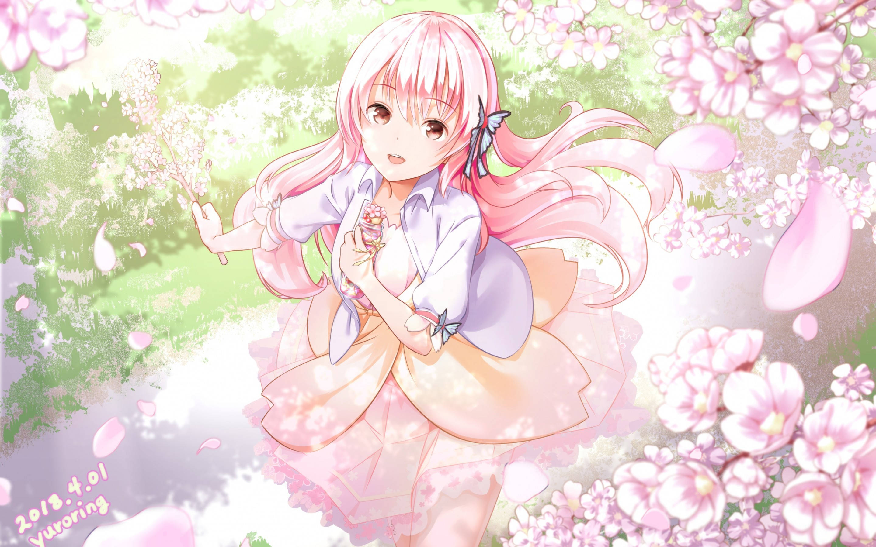 Happy Girl Sakura Bunga, pink-haired anime girl, light dress, 2K Desktop Wallpaper