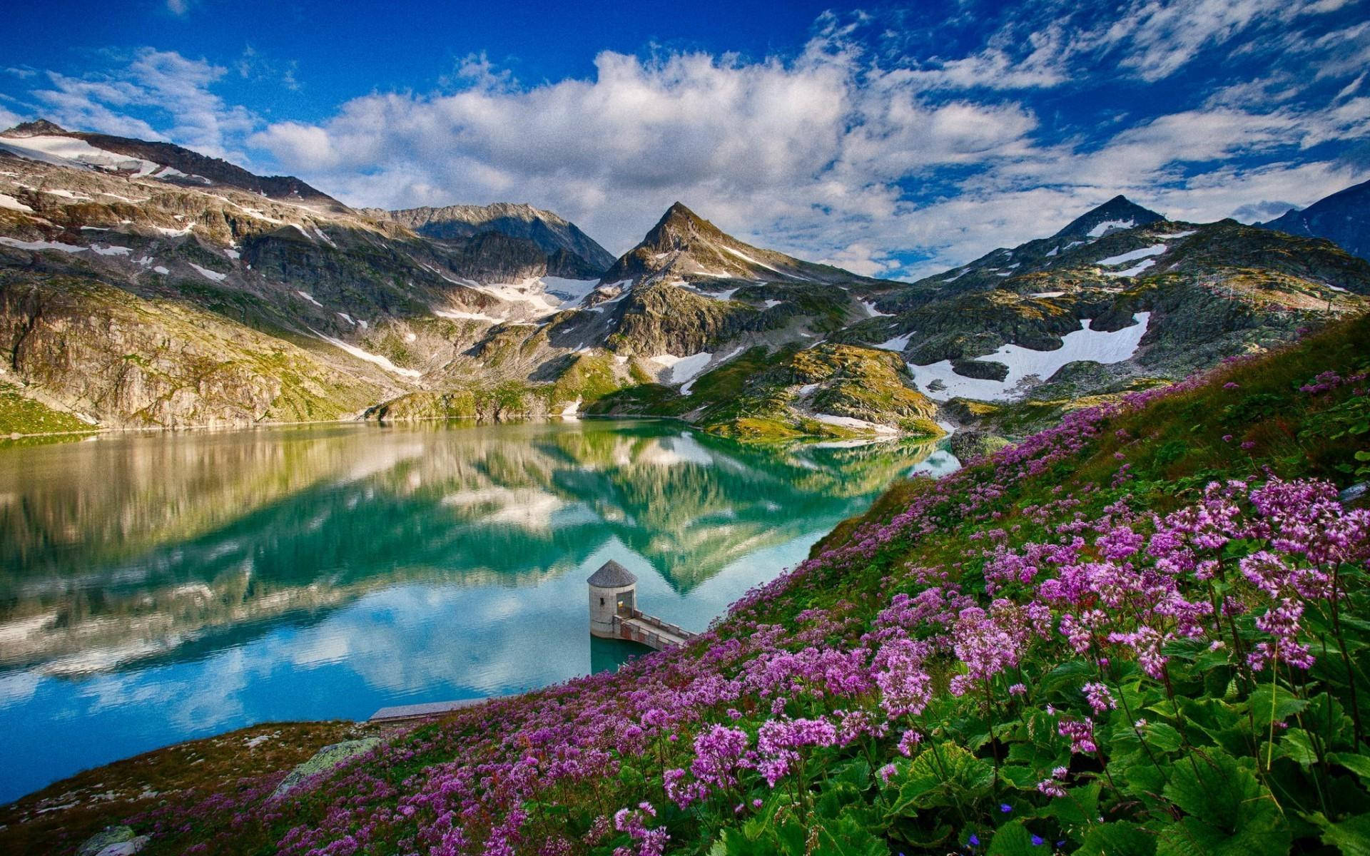 alpine lake, snow-dusted peaks, fluffy clouds, Full HD Desktop Wallpaper