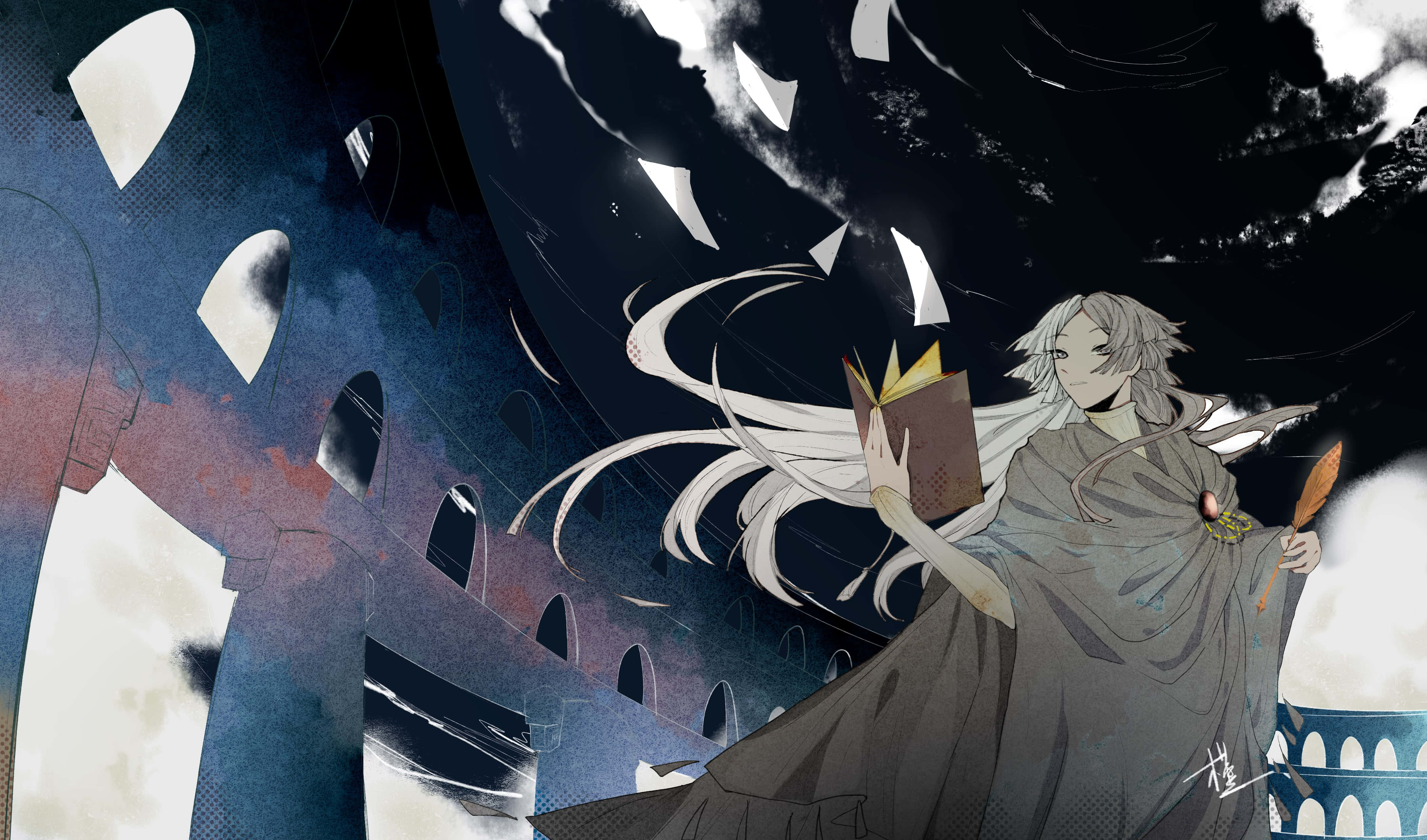 Bungo Stray Dogs Sigma, pale-haired figure, dark robe, 4K Desktop Wallpaper