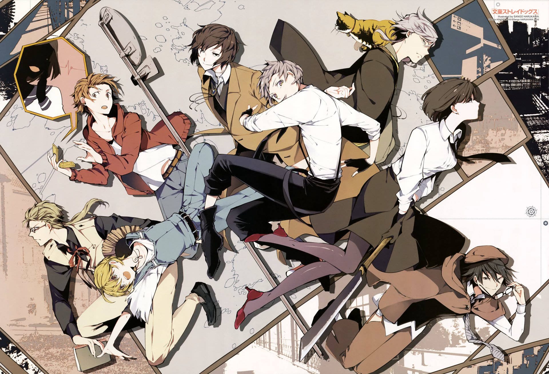 Bungo Stray Dogs, jumping characters, dynamic anime characters, Full HD Desktop Wallpaper
