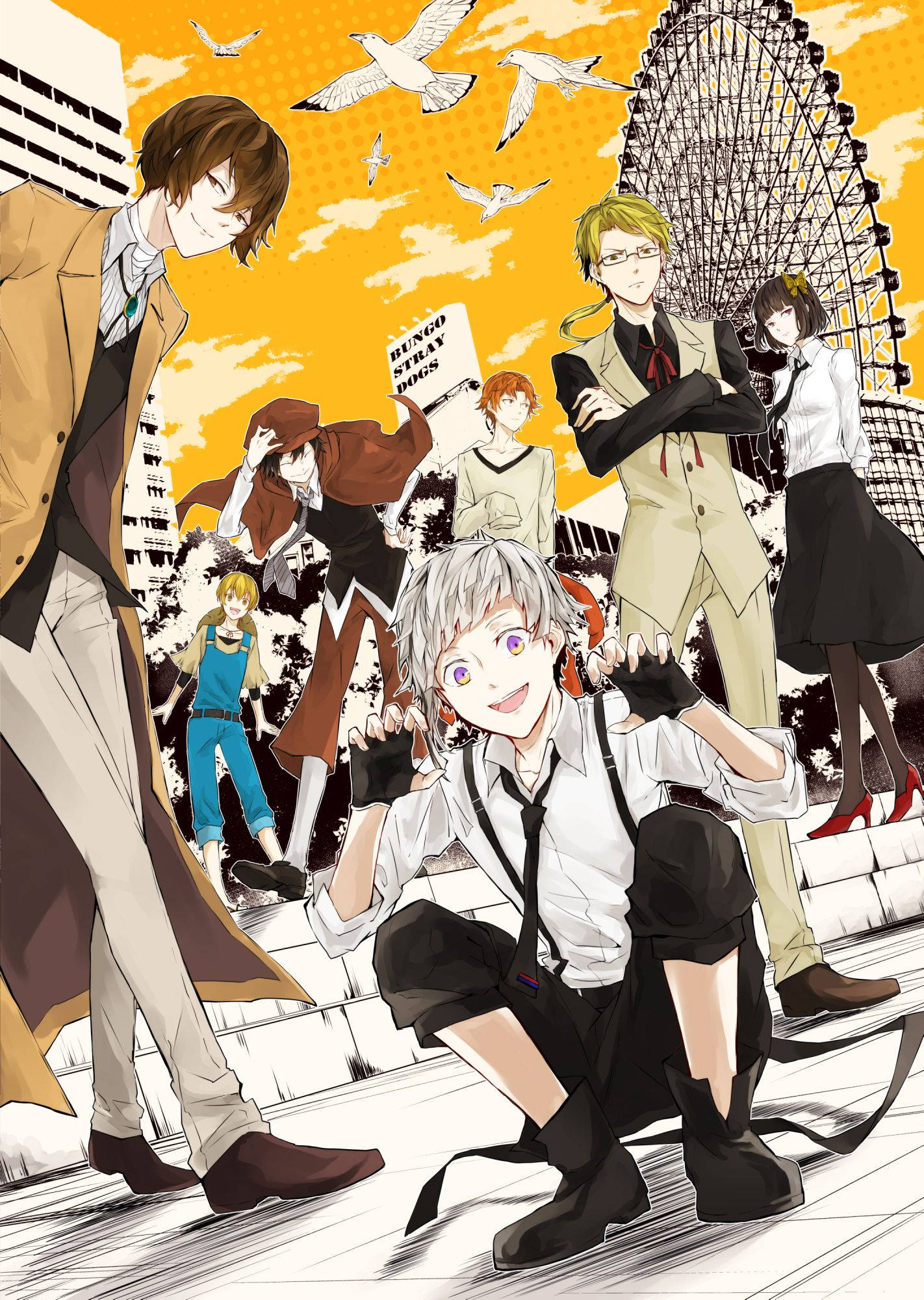 Bungo Stray Dogs, Ferris wheel, vibrant orange sky, Full HD Phone Wallpaper