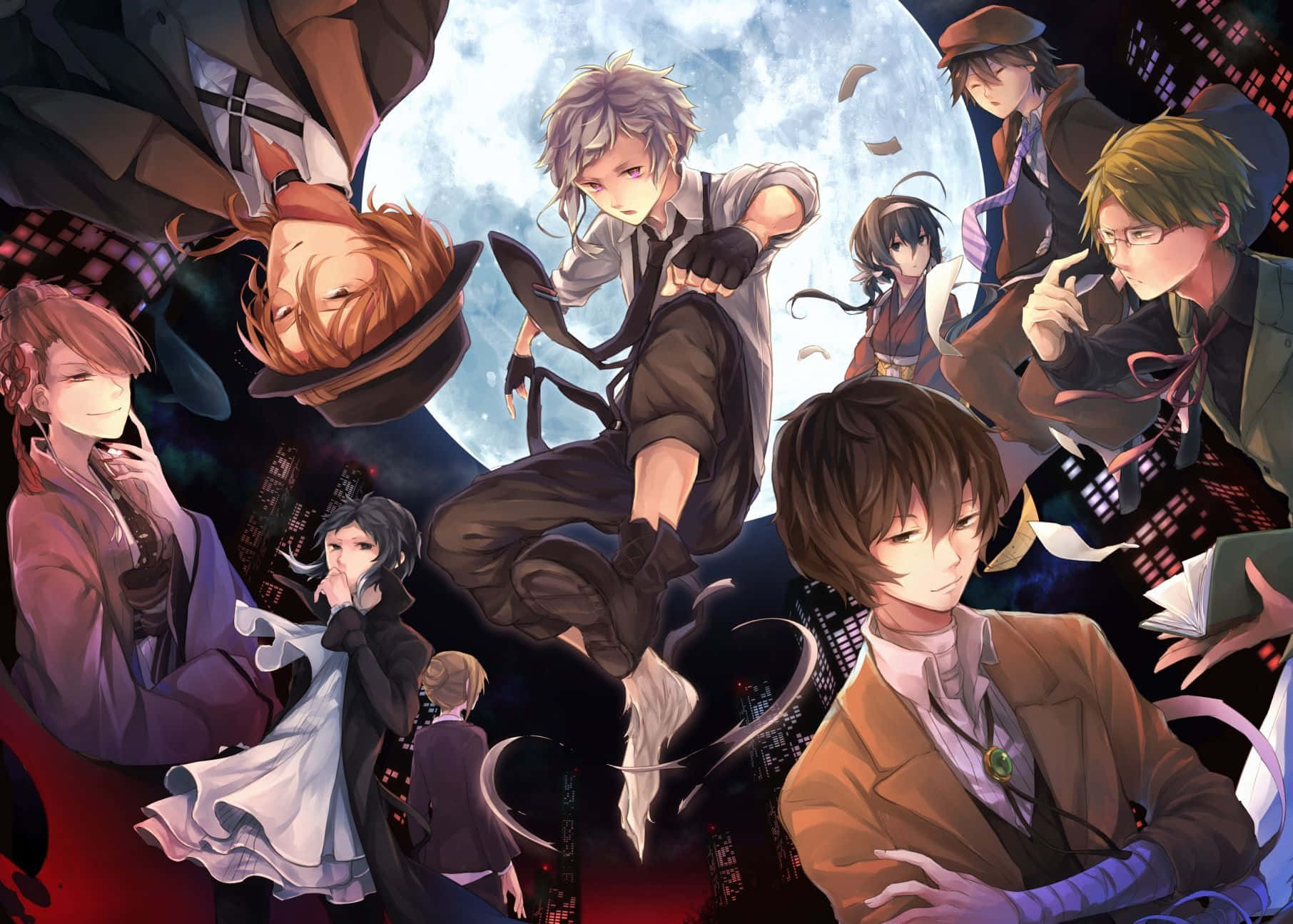 Bungo Stray Dogs, Full Moon, city skyline, HD Desktop Wallpaper