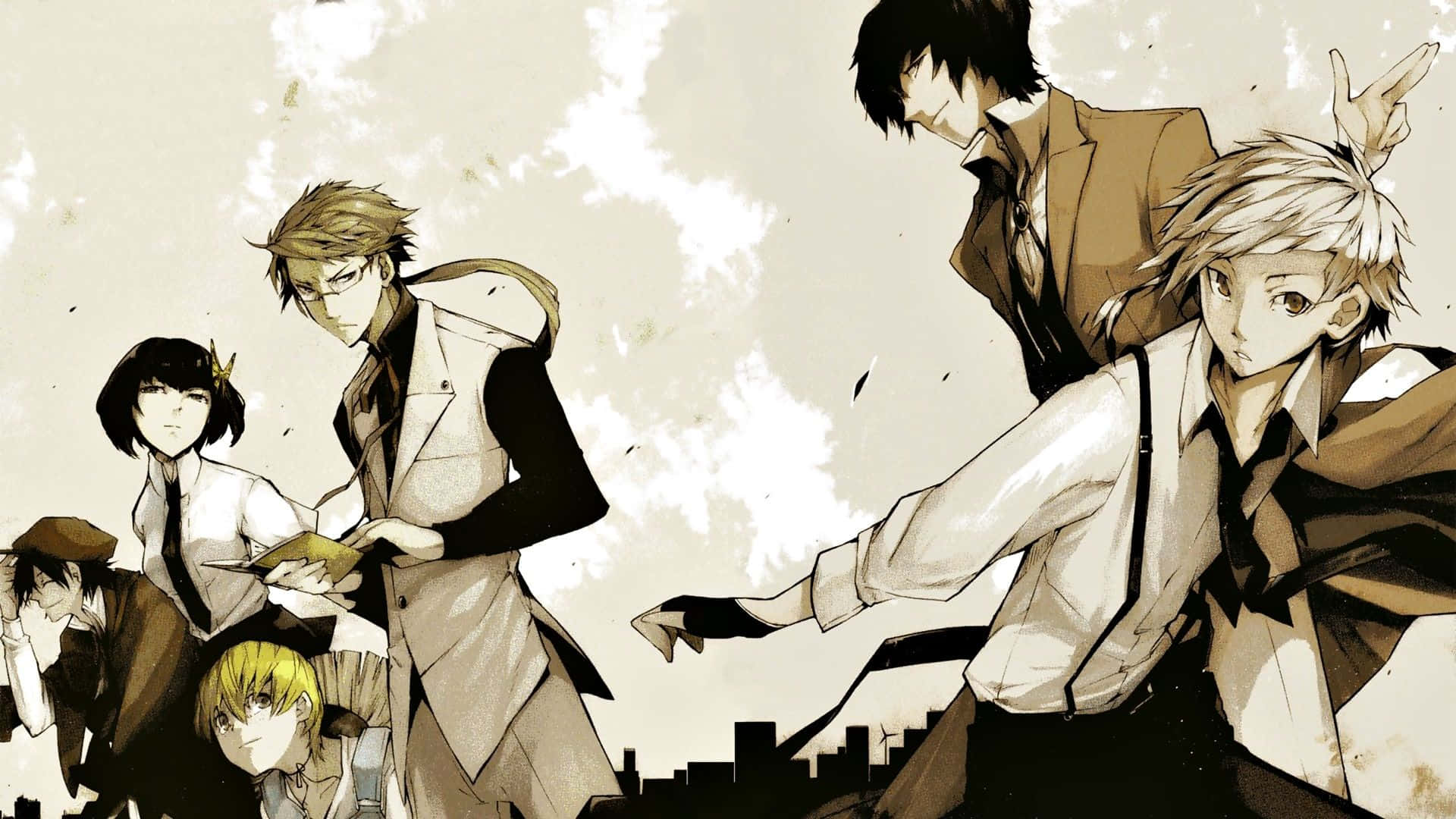 Bungou stray dogs, seven characters, sepia-toned school uniforms, Full HD Desktop Wallpaper