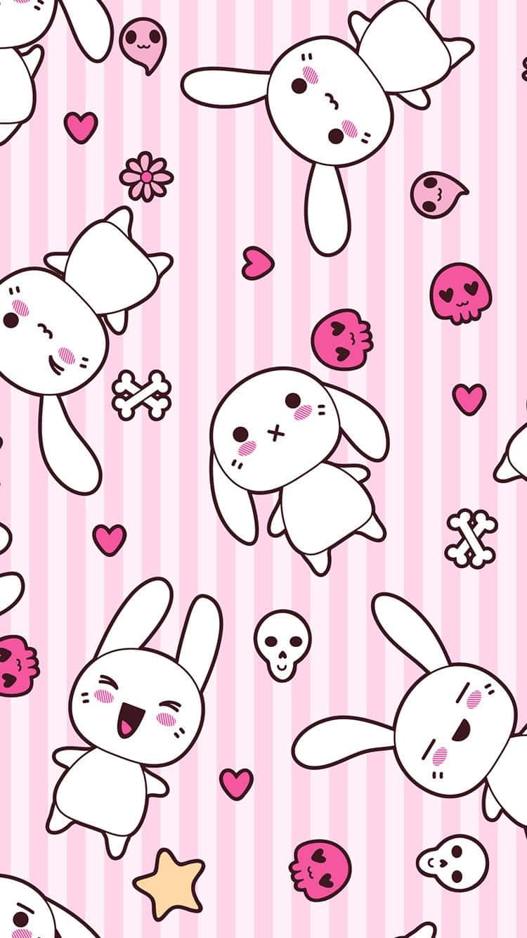 kawaii bunny, white cartoon bunnies, pink blush, HD Phone Wallpaper