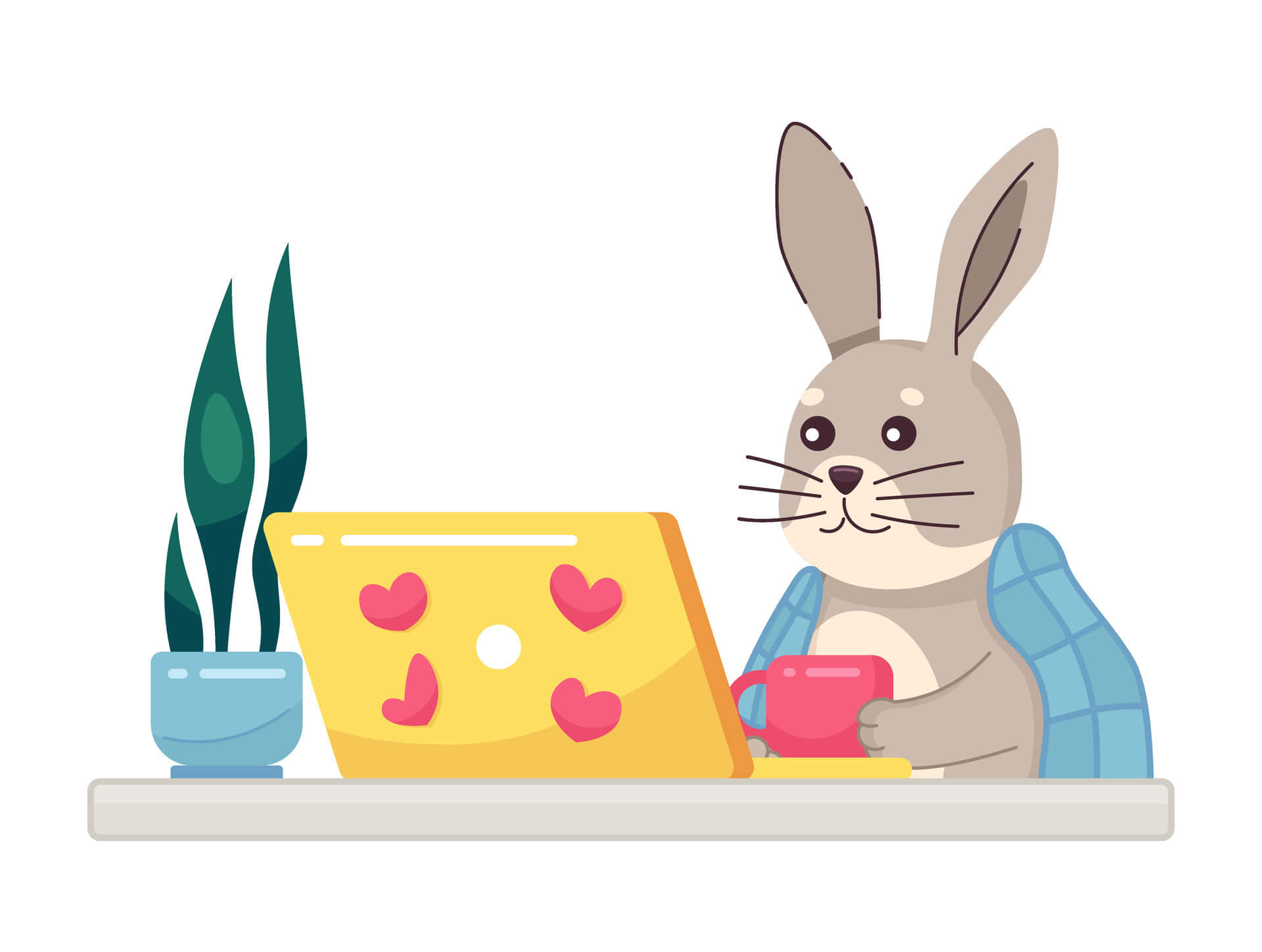 gray rabbit, blue plaid shirt, yellow laptop, Full HD Desktop Wallpaper