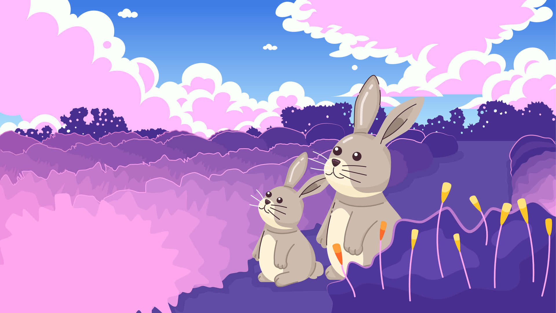 Pastel Bunny Landscape, cartoon rabbits, purple field, Full HD Desktop Wallpaper