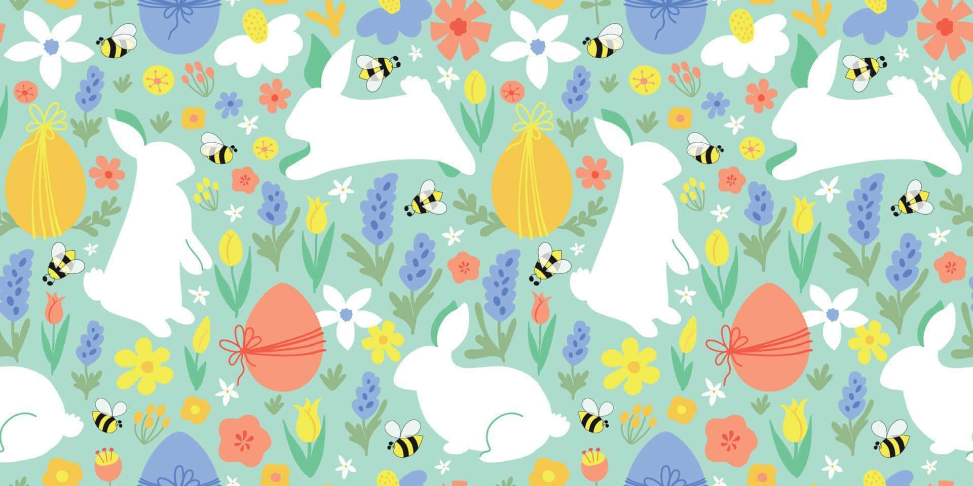 bunny floral pattern aesthetic, white bunnies, bees, Full HD Desktop Wallpaper