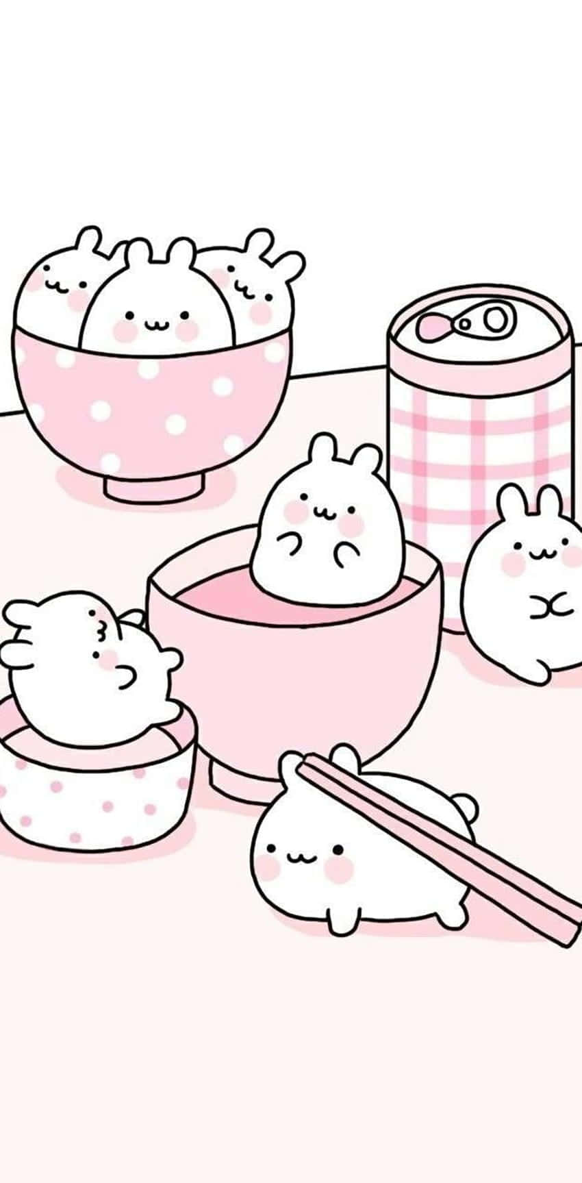 cute white bunny characters, pink polka dot bowls, checkered can, HD Phone Wallpaper