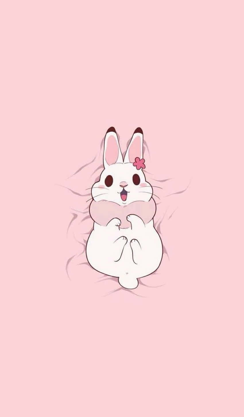 cute white cartoon rabbit, pink flower, soft pink background, HD Phone Wallpaper