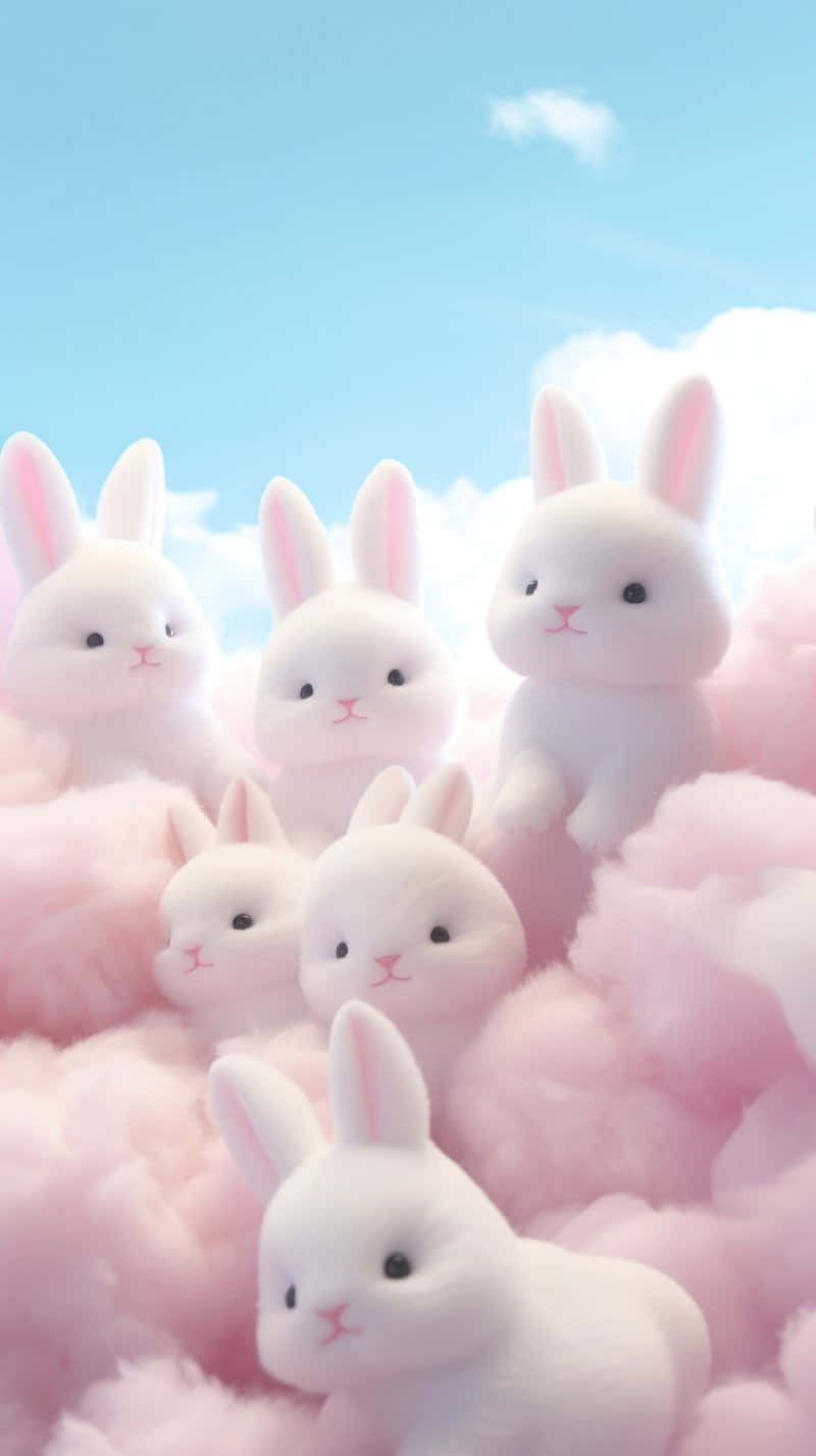 Cloudy Bunny Wonderland, fluffy white rabbits, pink inner ears, HD Phone Wallpaper