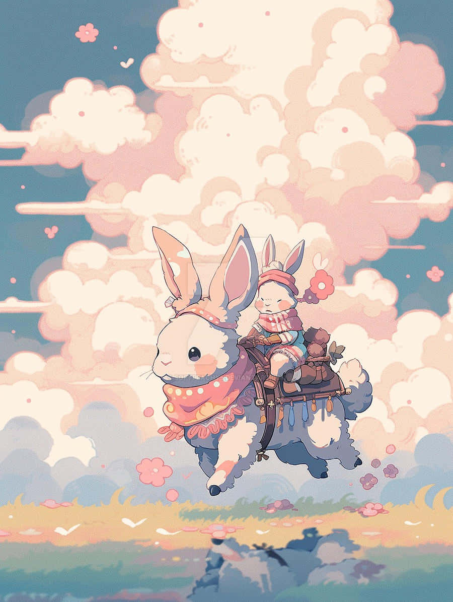 Dreamy Bunny Flight Aesthetic, fluffy rabbit, pastel clouds, SD Phone Wallpaper