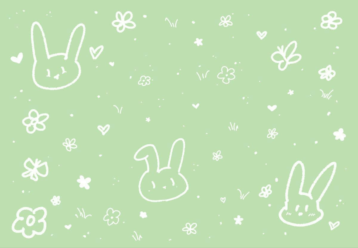 pastel green bunny pattern, mint green, white line drawings, SD Desktop Wallpaper