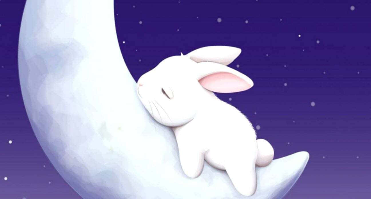 kawaii bunny, white bunny, crescent moon, HD Desktop Wallpaper