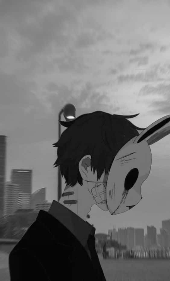 Depressed Anime Boy, Bunny Mask, monochrome, SD Phone Wallpaper