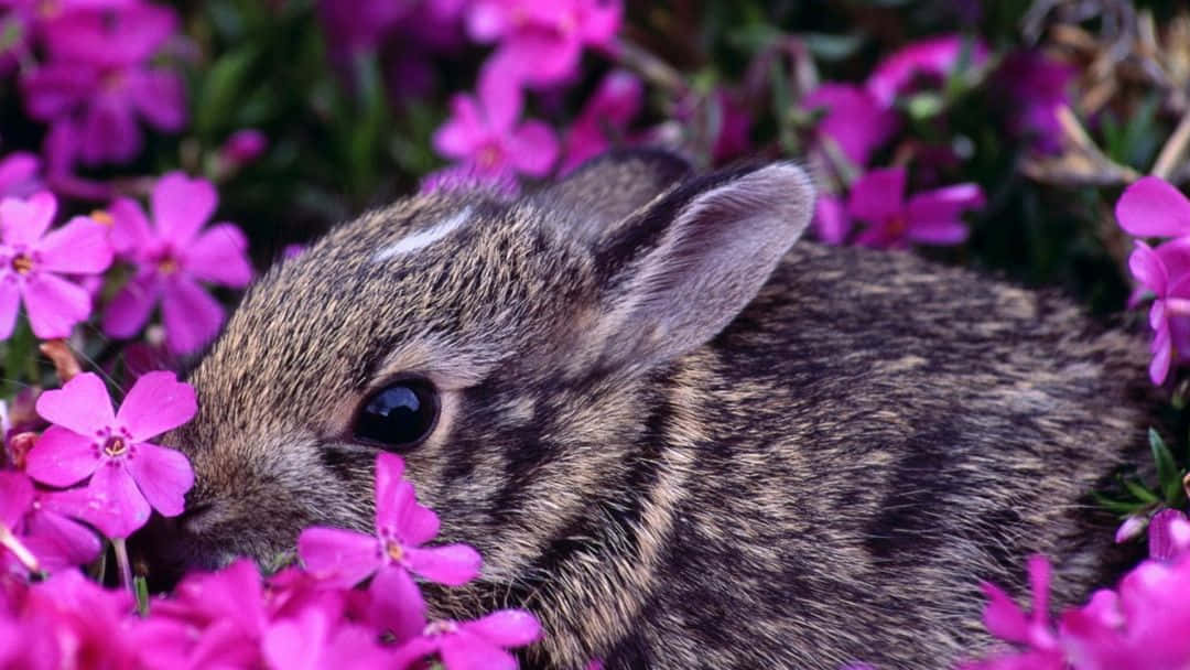 Gray Bunny, pink phlox flowers, lush garden, SD Desktop Wallpaper