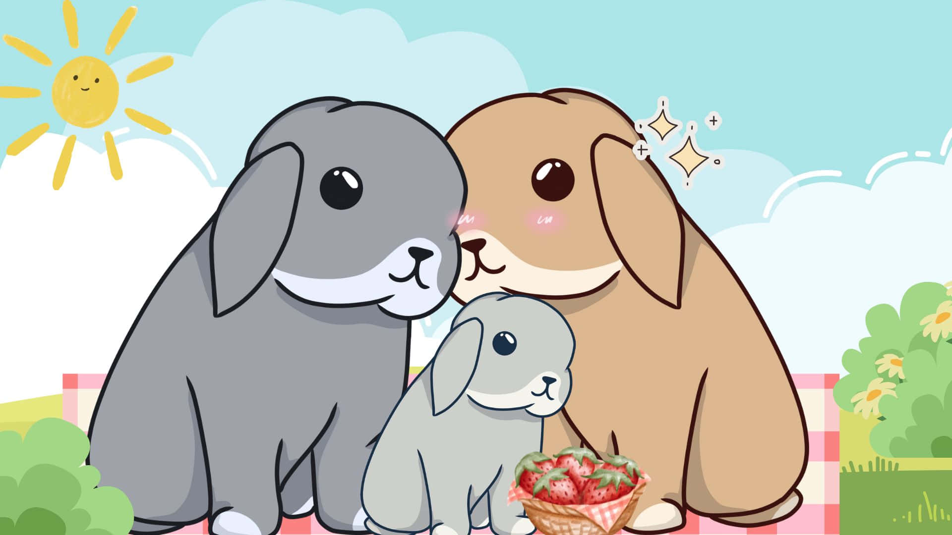 Bunny, cartoon rabbits, picnic blanket, Full HD Desktop Wallpaper