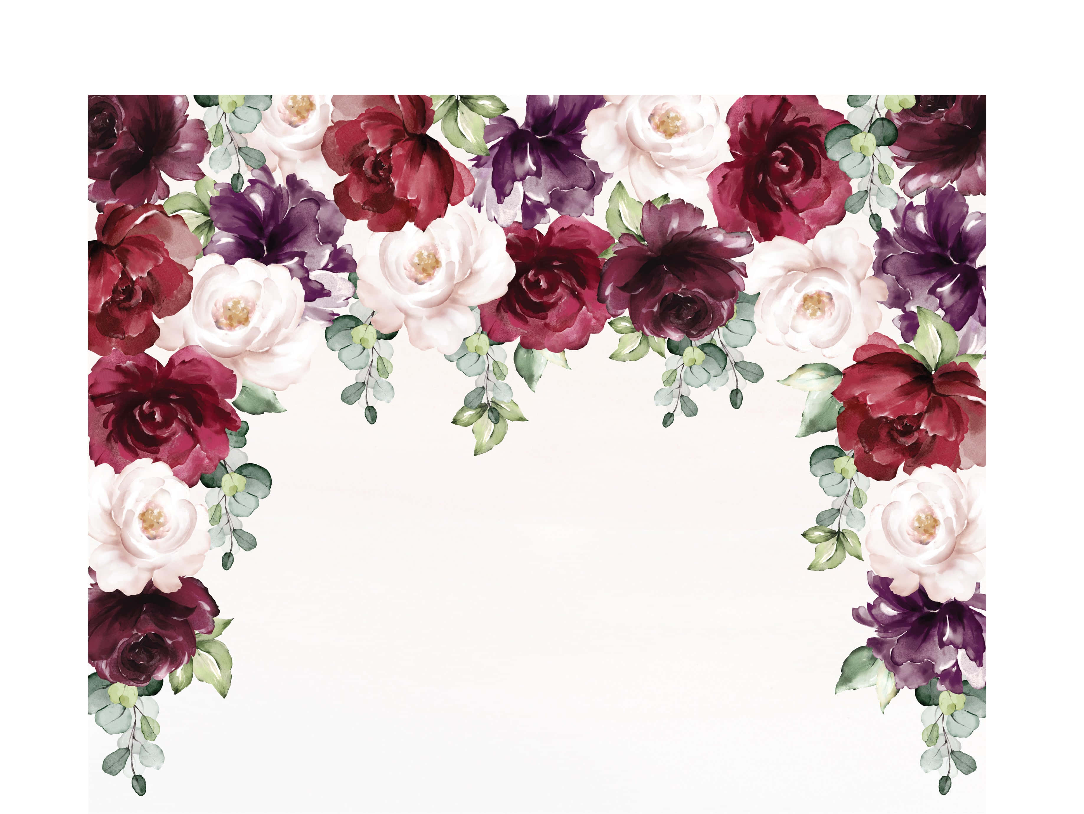 burgundy flower, watercolor floral border, deep red purple roses, 2K Desktop Wallpaper