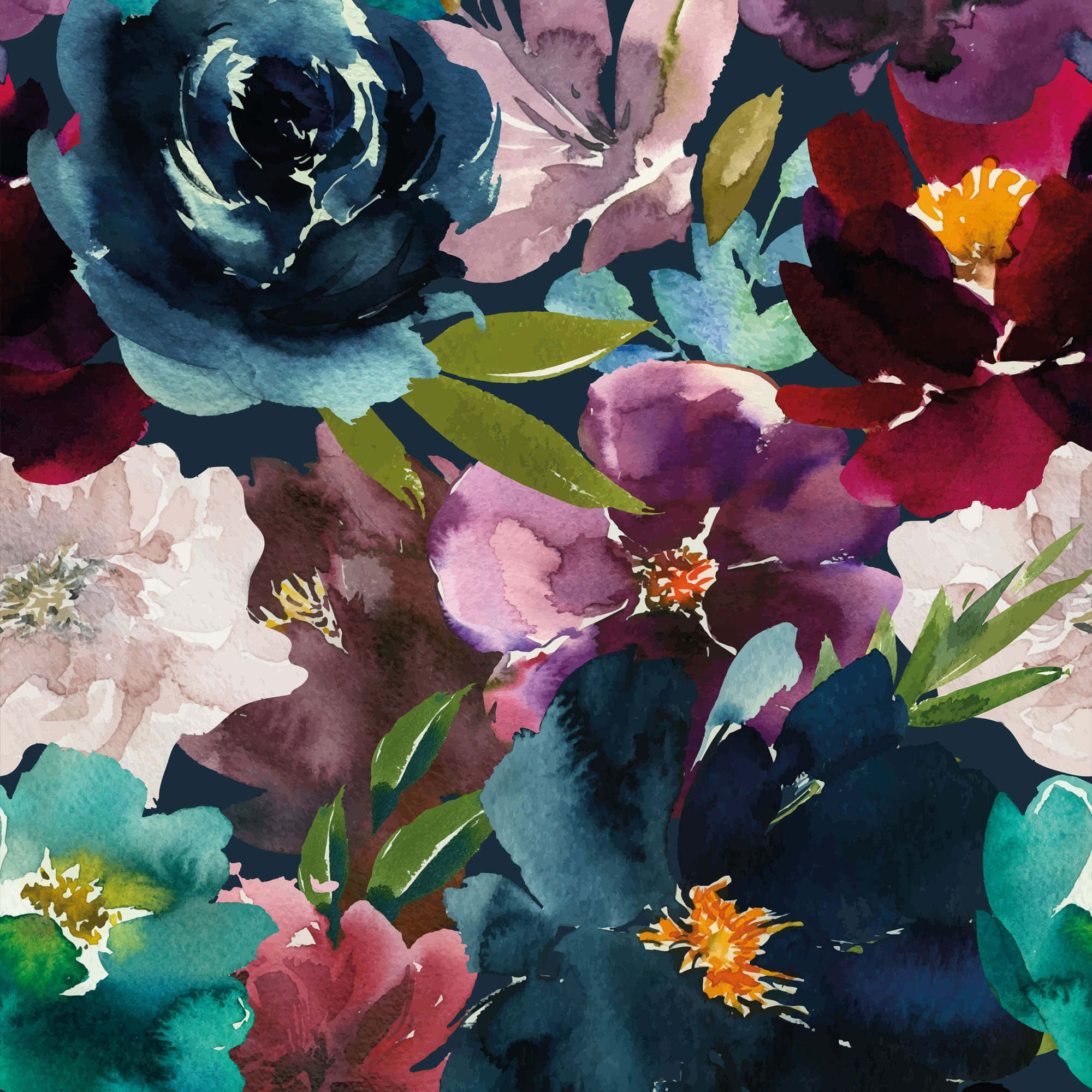Burgundy Flower, watercolor, deep blues, Full HD Desktop Wallpaper