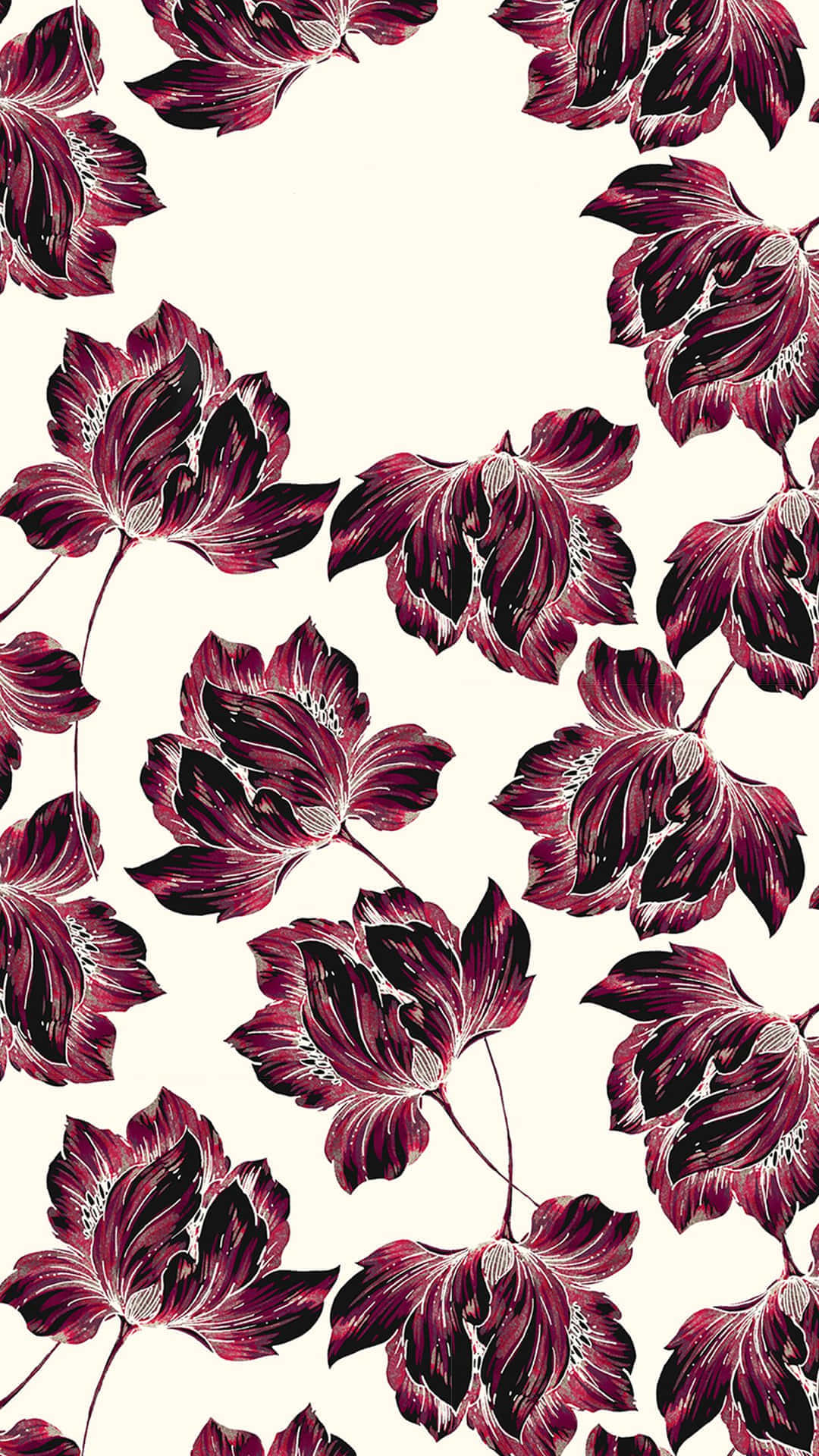 burgundy floral pattern, intricate white veining, cream background, Full HD Phone Wallpaper