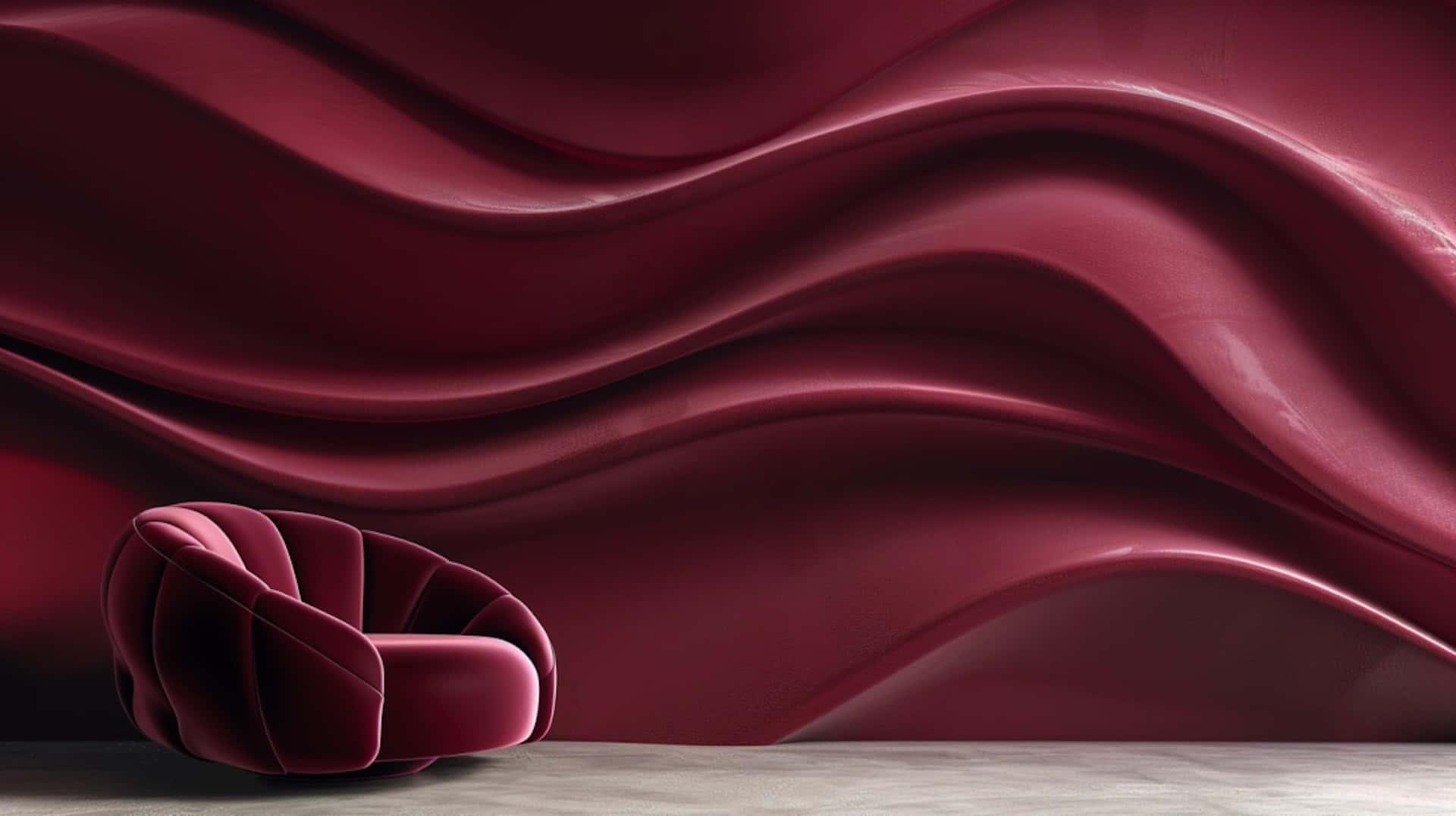 burgundy velvet armchair, flowing sculpted burgundy wall, minimalist modern interior, Full HD Desktop Wallpaper