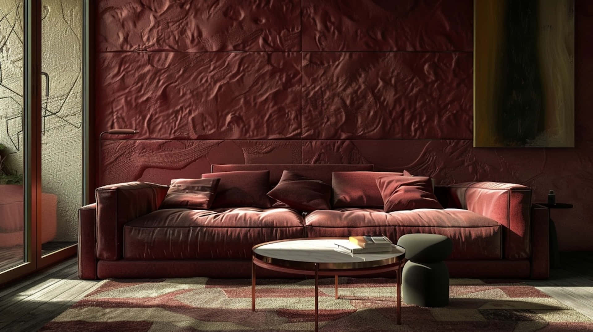 burgundy, deep red velvet sofa, textured crimson wall, Full HD Desktop Wallpaper