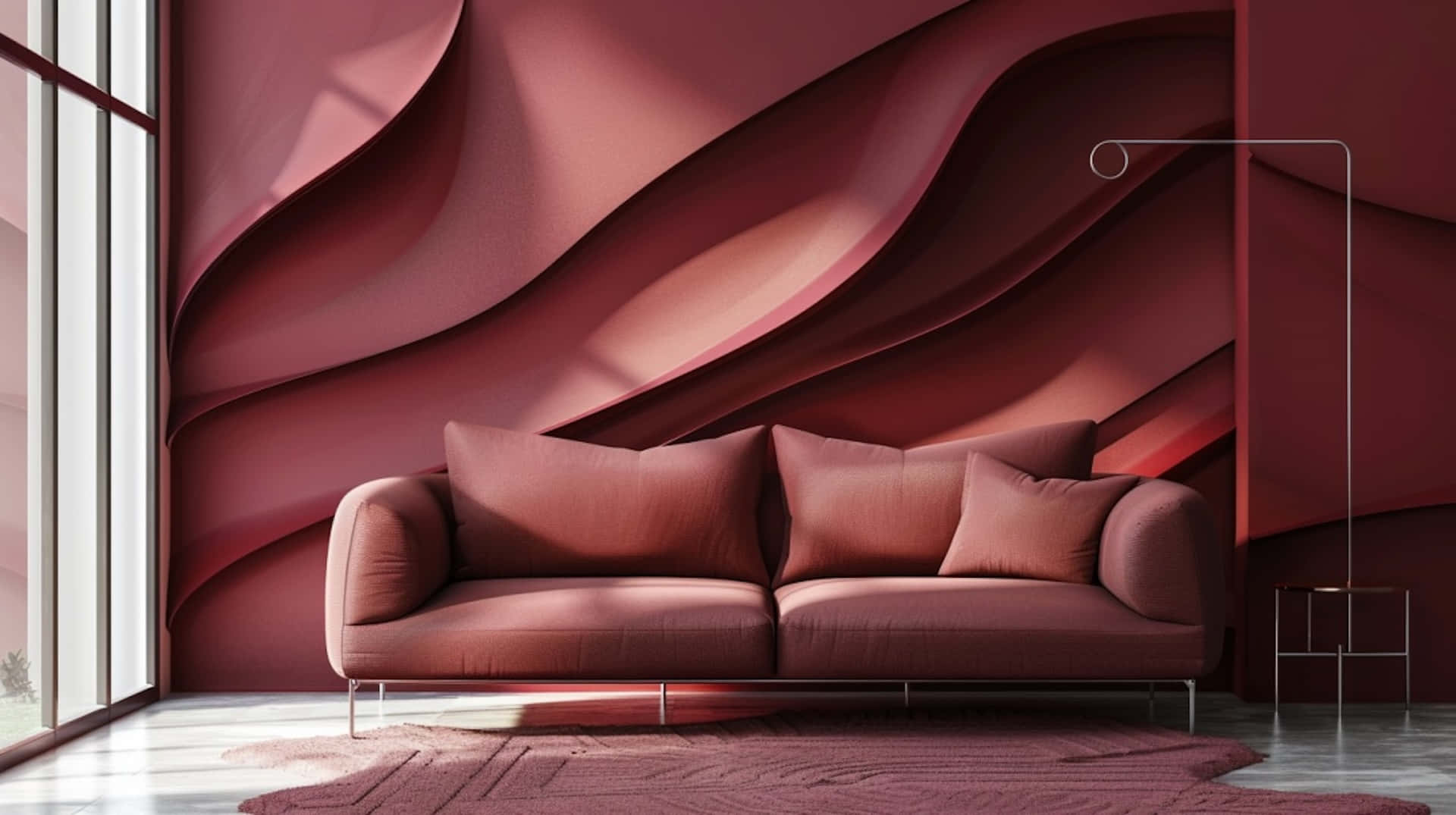 mauve sofa, crimson wave wall, natural light, Full HD Desktop Wallpaper