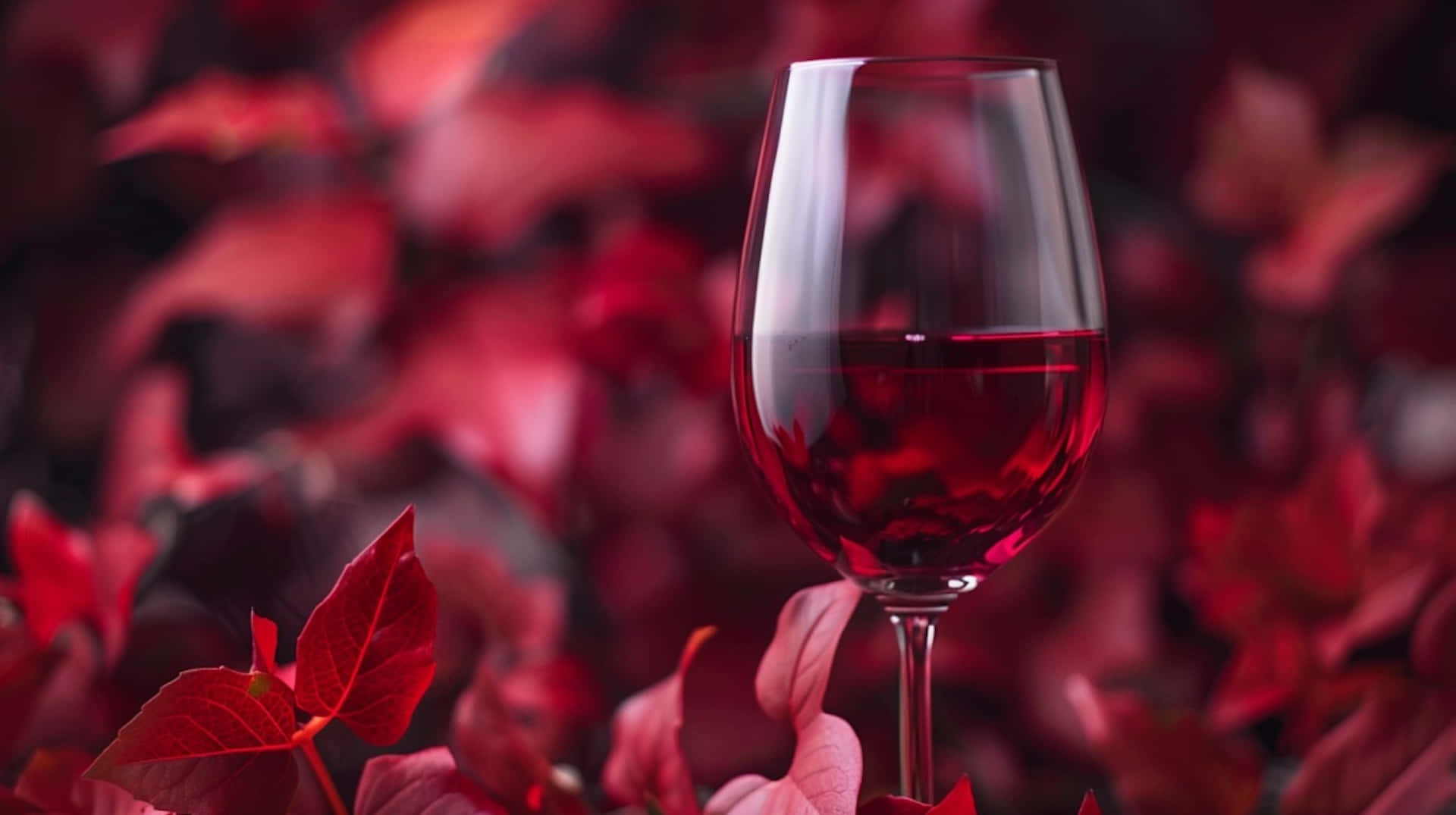 Burgundy wine glass, deep red wine, vibrant red autumn leaves, Full HD Desktop Wallpaper