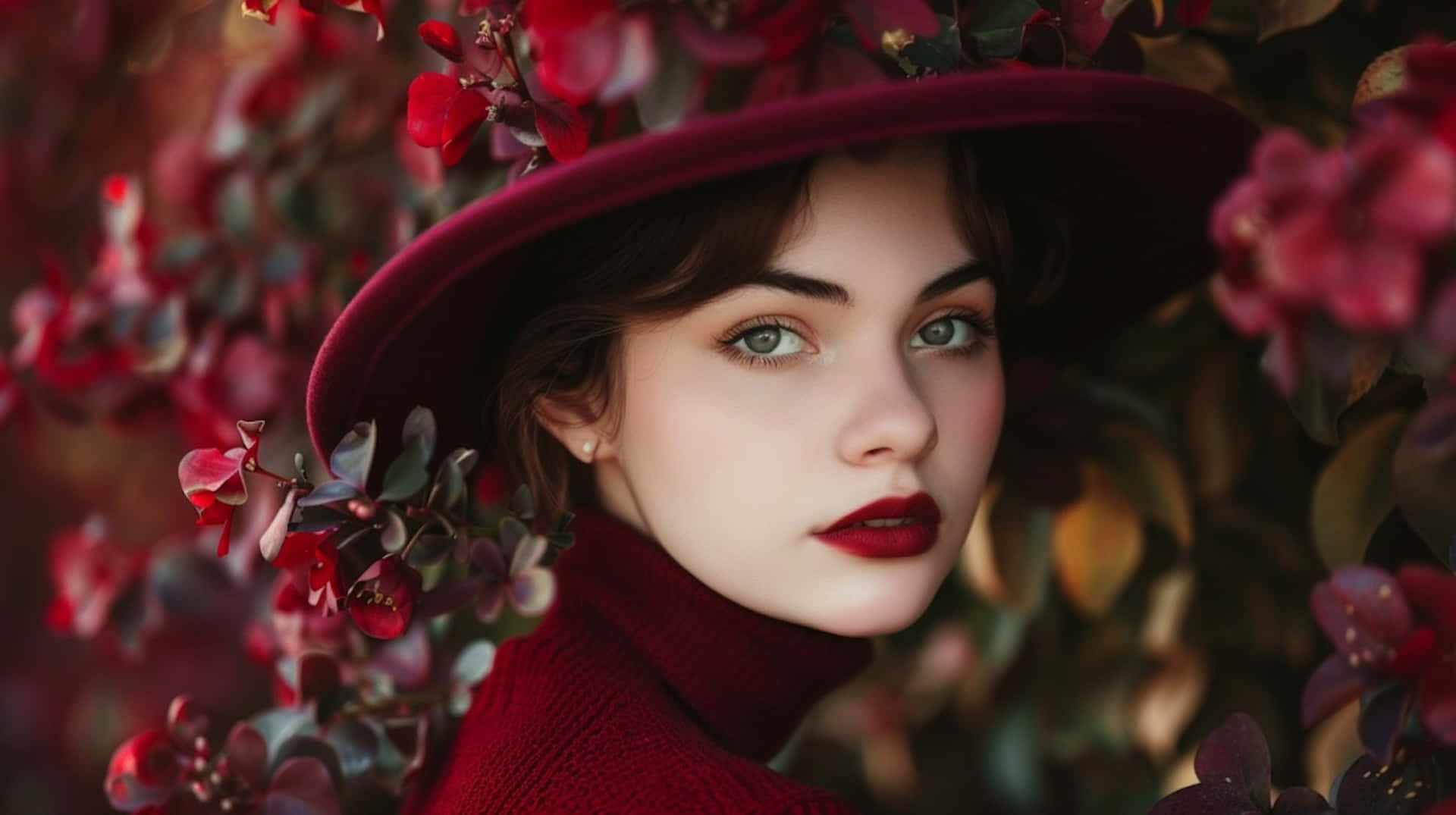 Burgundy Hat Woman, crimson flowers, green leaves, Full HD Desktop Wallpaper