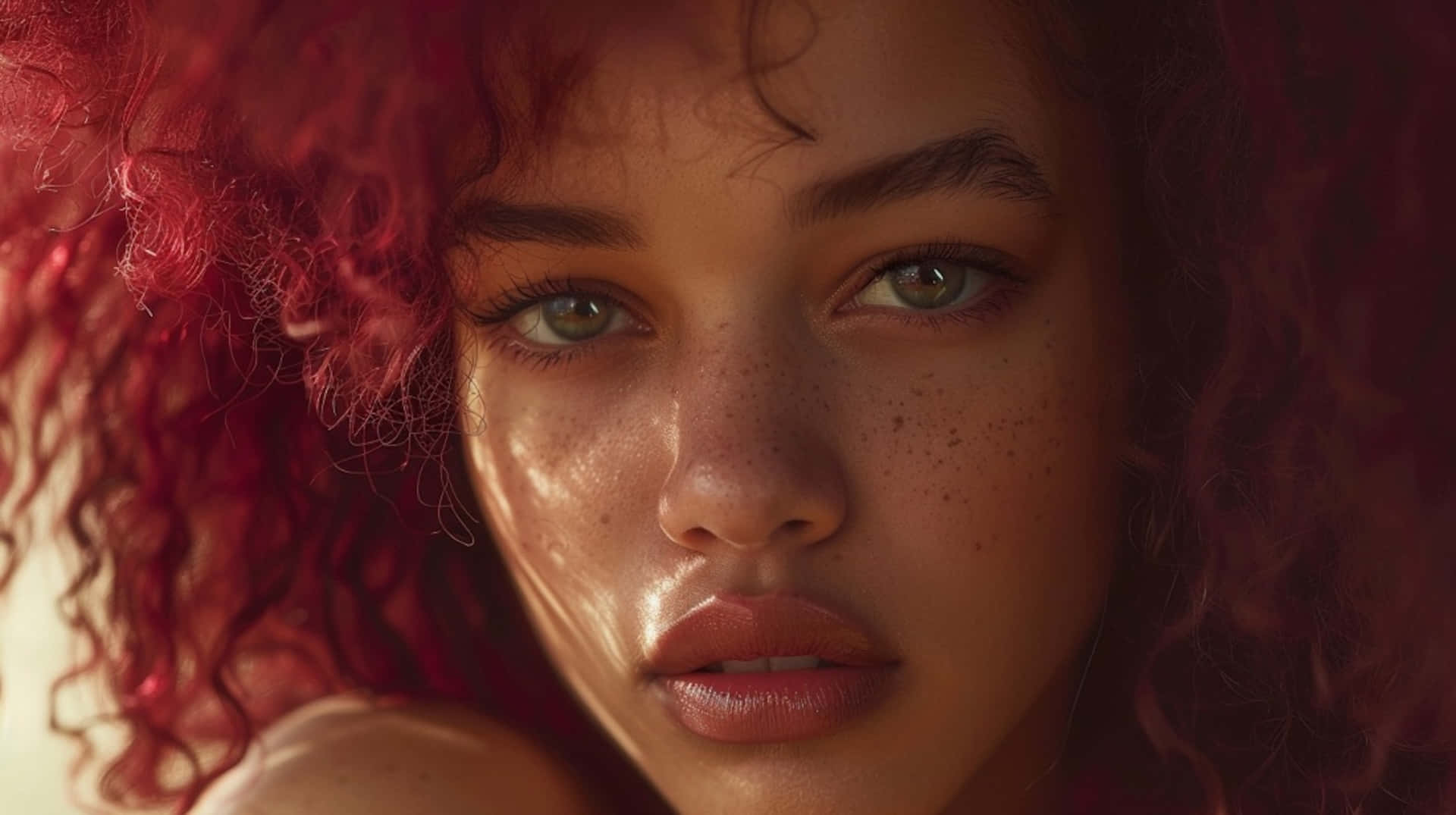 Burgundy Curled Woman Portrait, vibrant red curly hair, freckles, Full HD Desktop Wallpaper