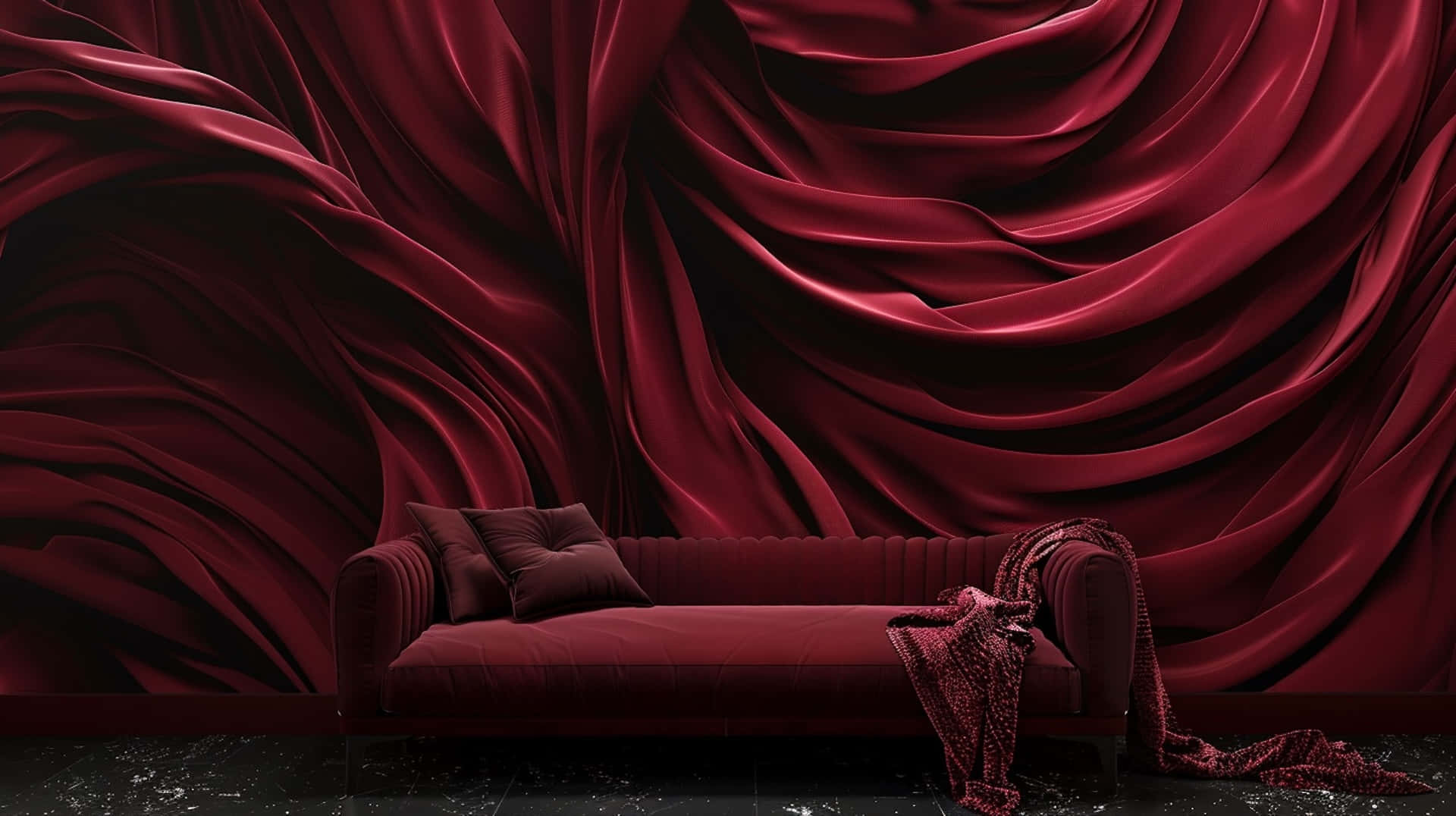 burgundy velvet sofa, crimson fabric wall, minimalist room, Full HD Desktop Wallpaper