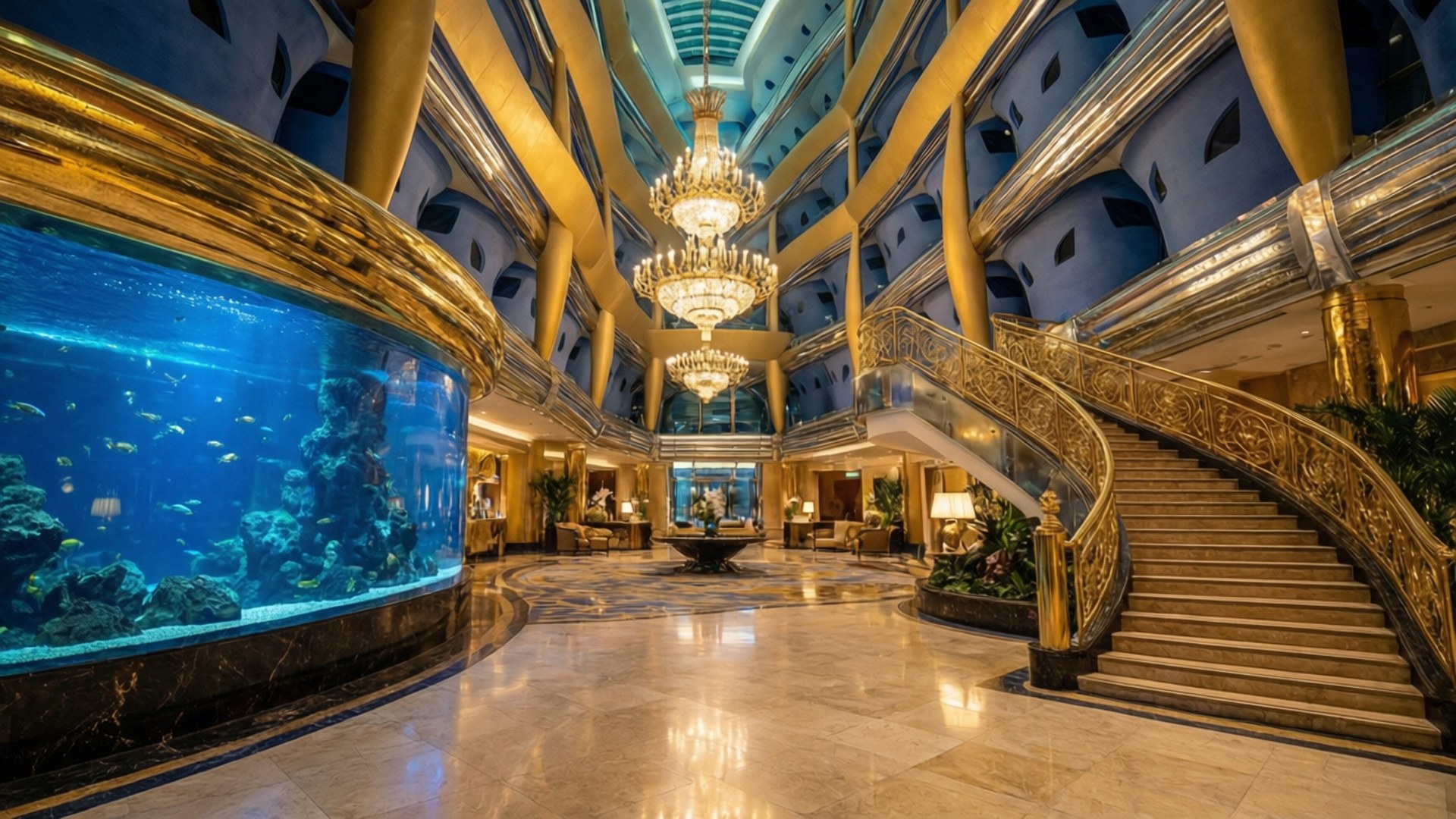Burj Al Arab, grand atrium, aquarium, Full HD Desktop Wallpaper