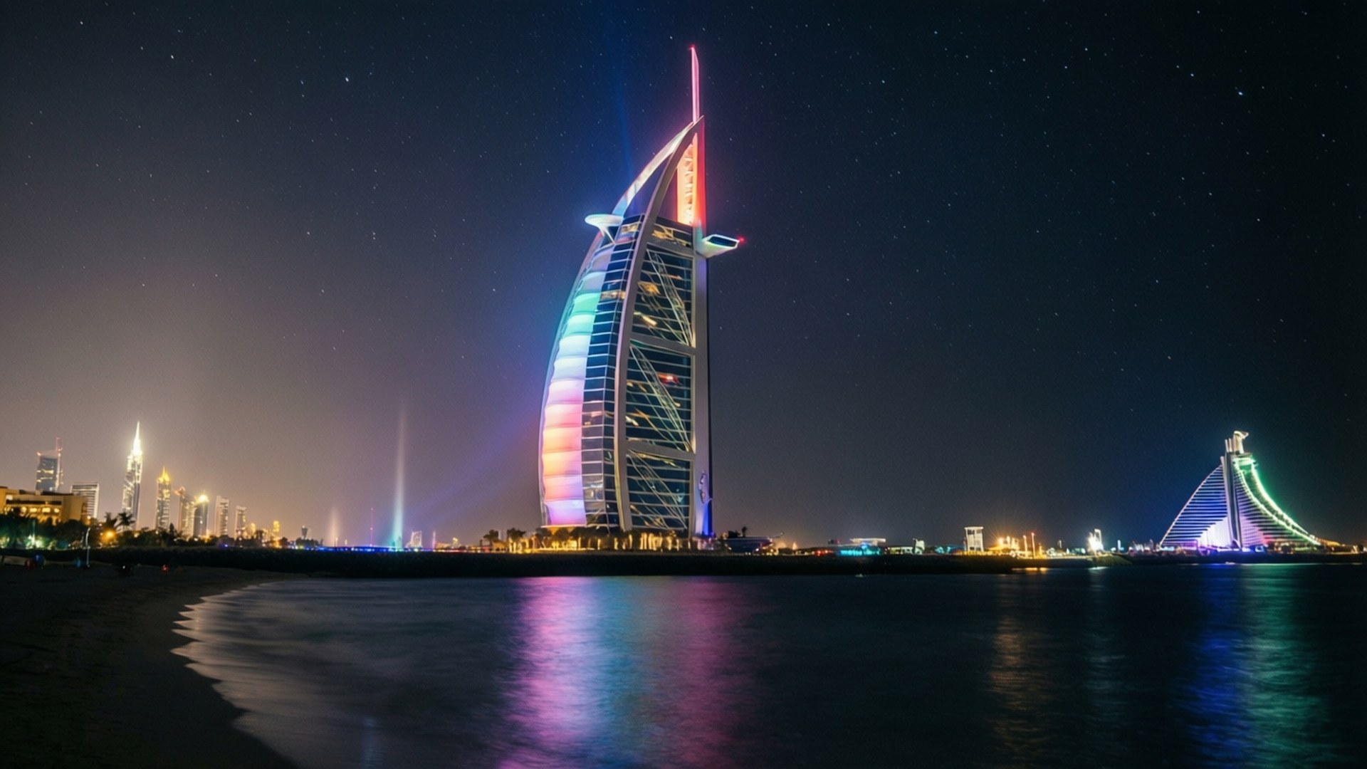 Burj Al Arab Hotel, vibrant rainbow lights, starry night sky, Full HD Desktop Wallpaper