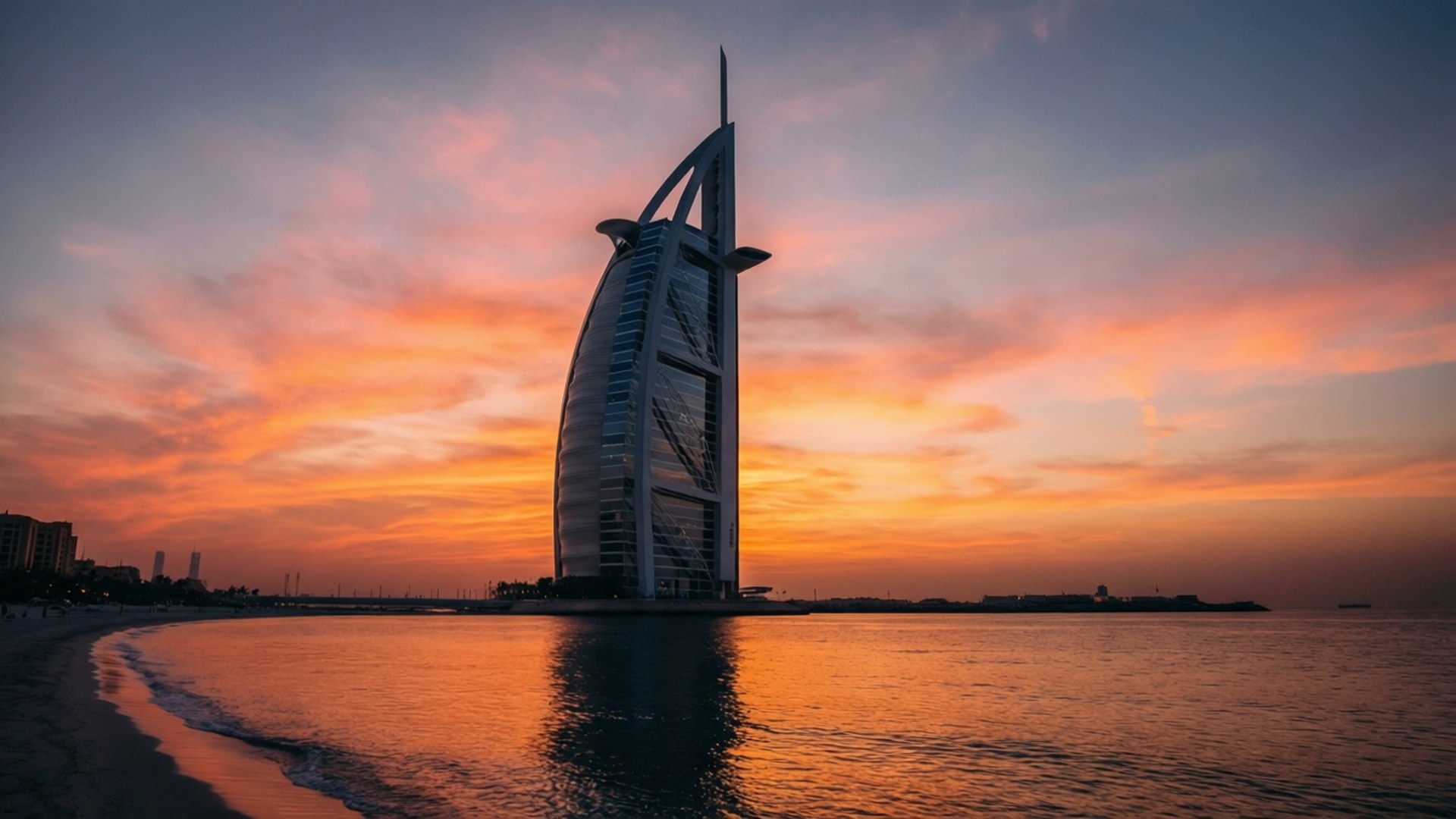 Burj Al Arab Hotel, sunrise, calm waters, Full HD Desktop Wallpaper