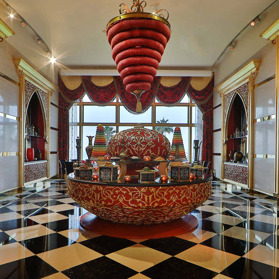 Burj Al Arab Hotel, red and gold chandelier, ornate circular table, SD Desktop Wallpaper