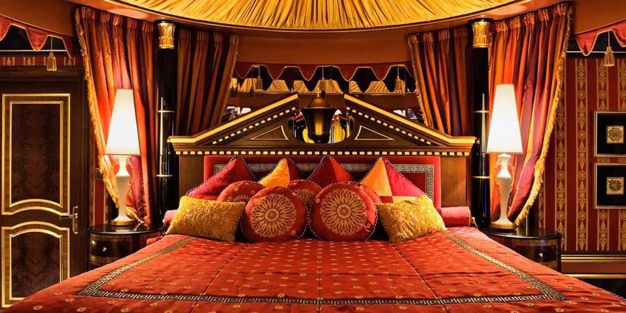 Burj Al Arab Hotel, sunset, red patterned bedding, Full HD Desktop Wallpaper