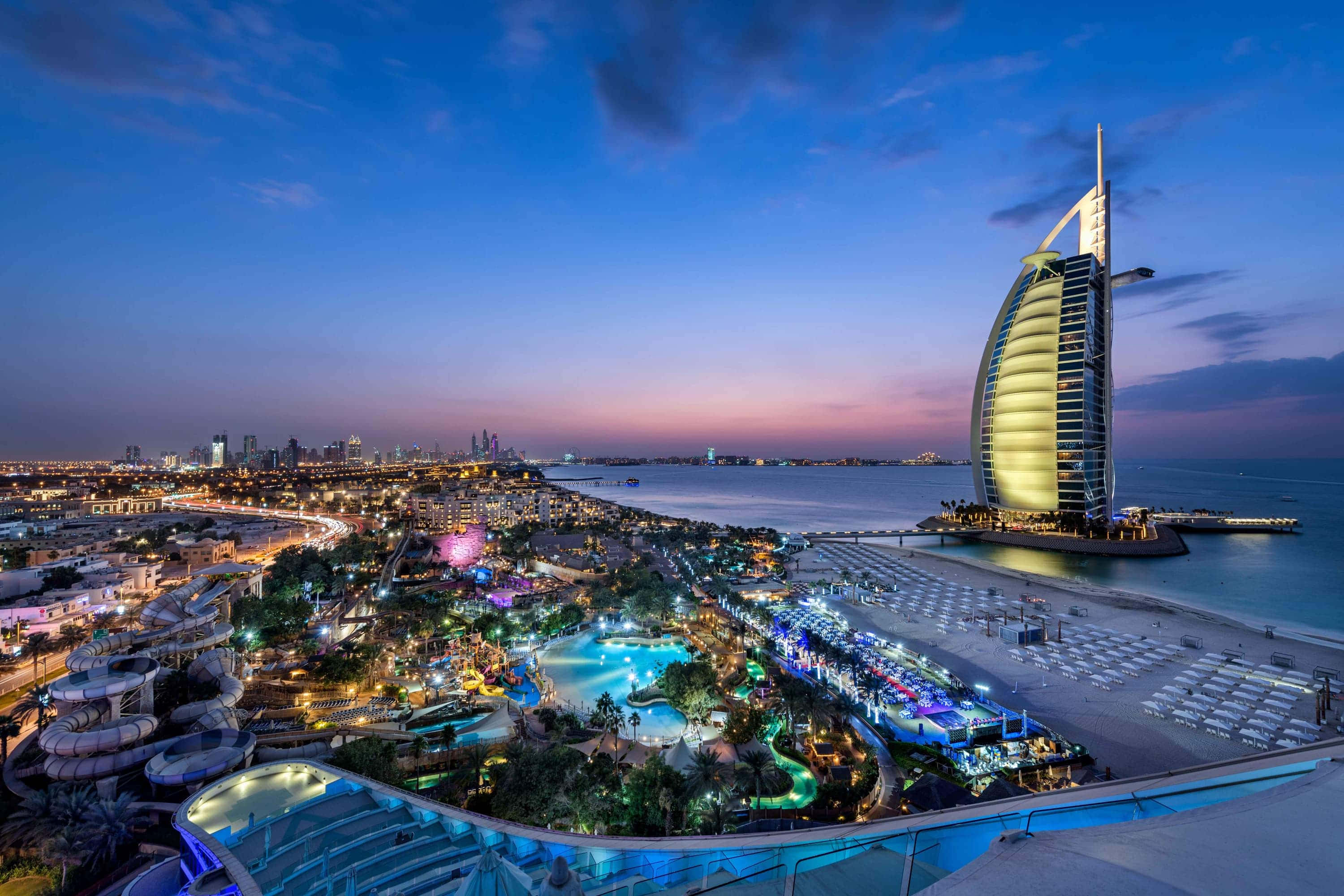 Burj Al Arab Hotel, twilight, golden glow, 2K Desktop Wallpaper