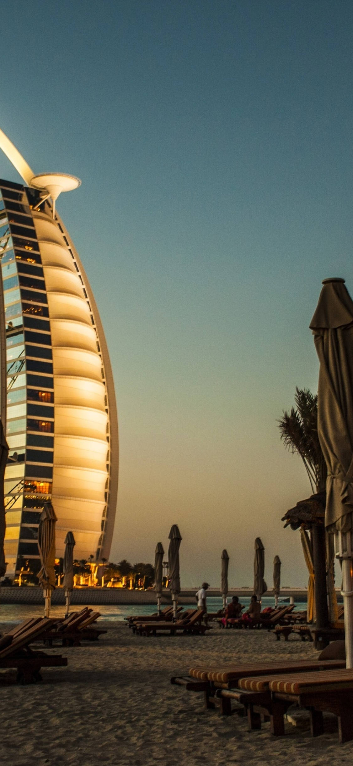 Burj Al Arab, twilight sky, lounge chairs, Full HD Phone Wallpaper