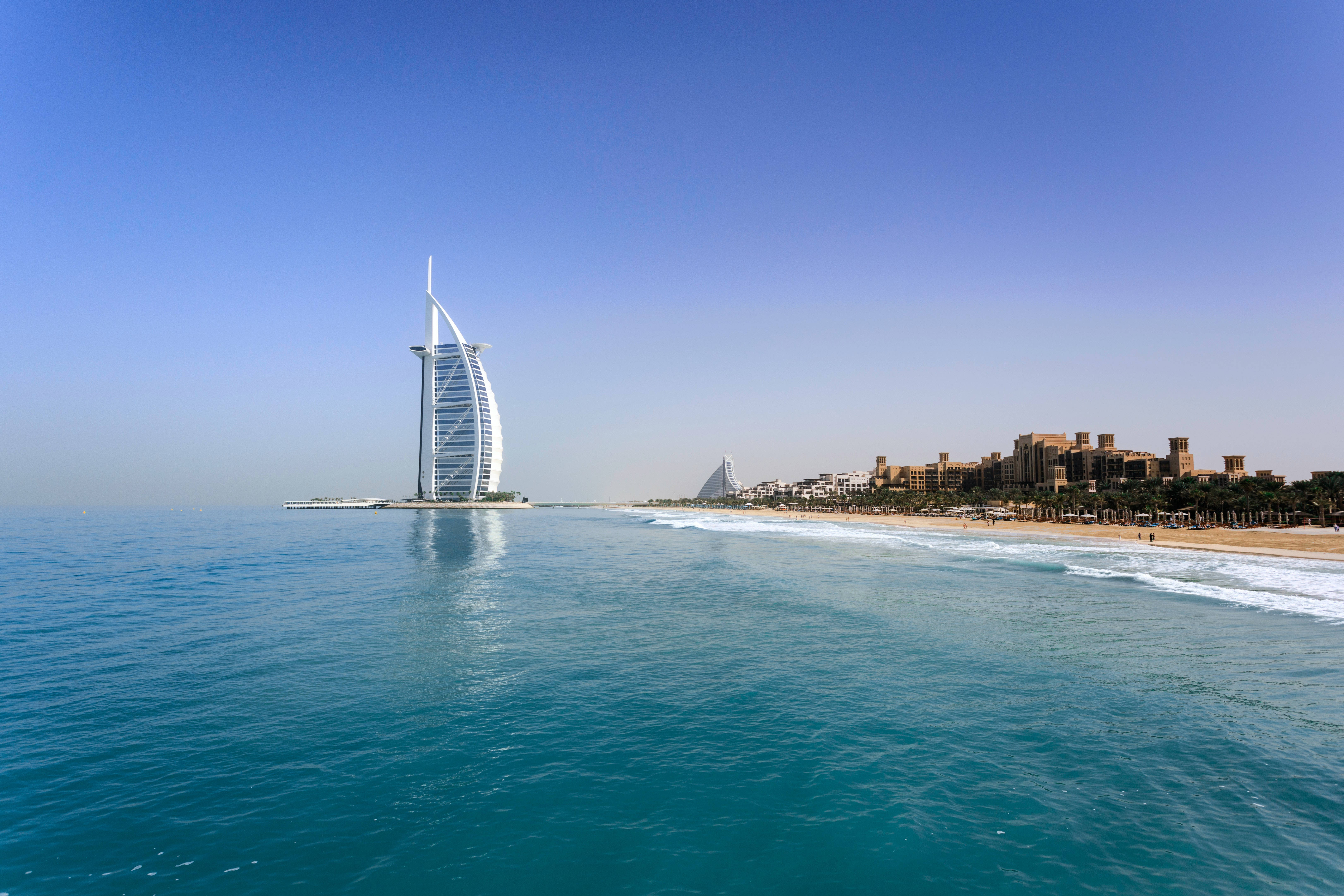 Burj Al Arab, desert island, turquoise waters, 5K Desktop Wallpaper