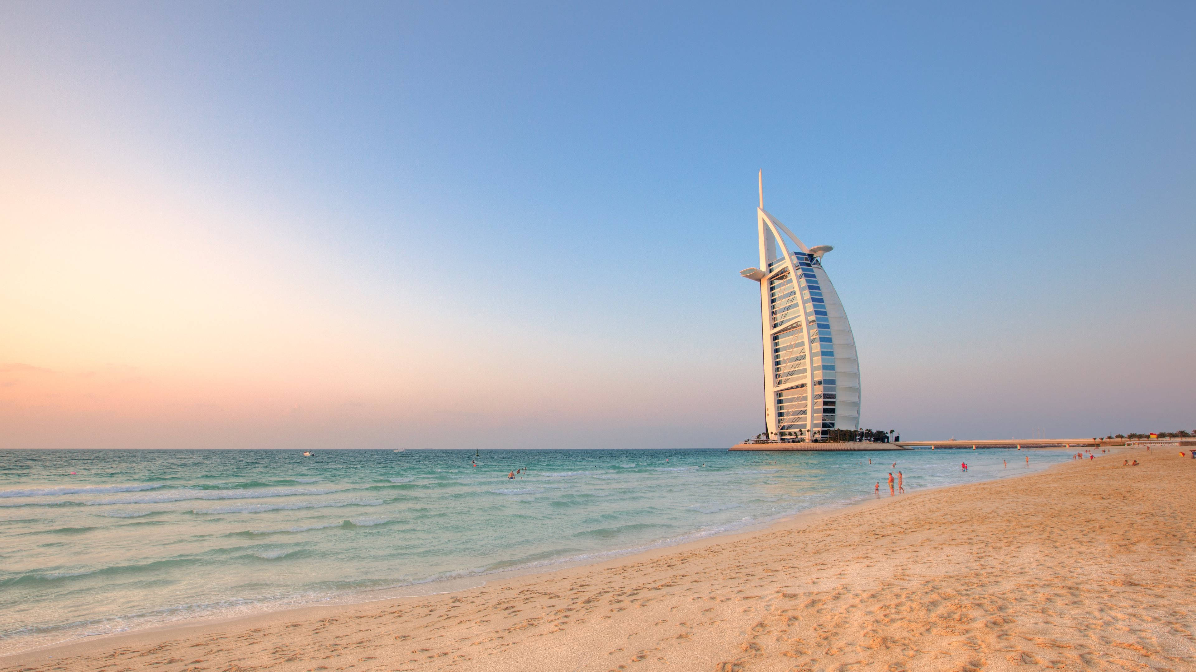 Burj Al Arab, sandy beach, sunset, 4K Desktop Wallpaper