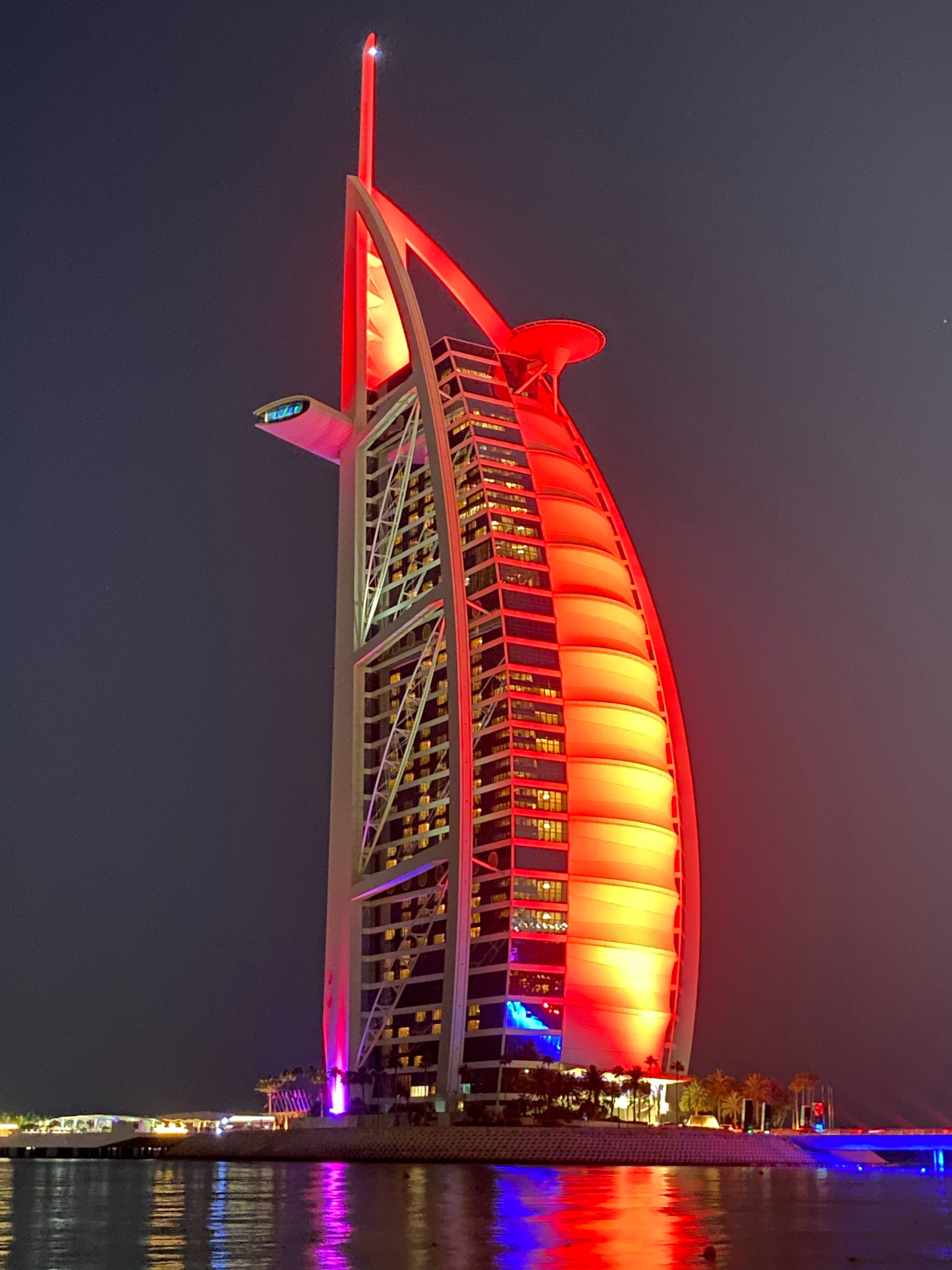 Burj Al Arab, orange lights, red lights, 4K Phone Wallpaper