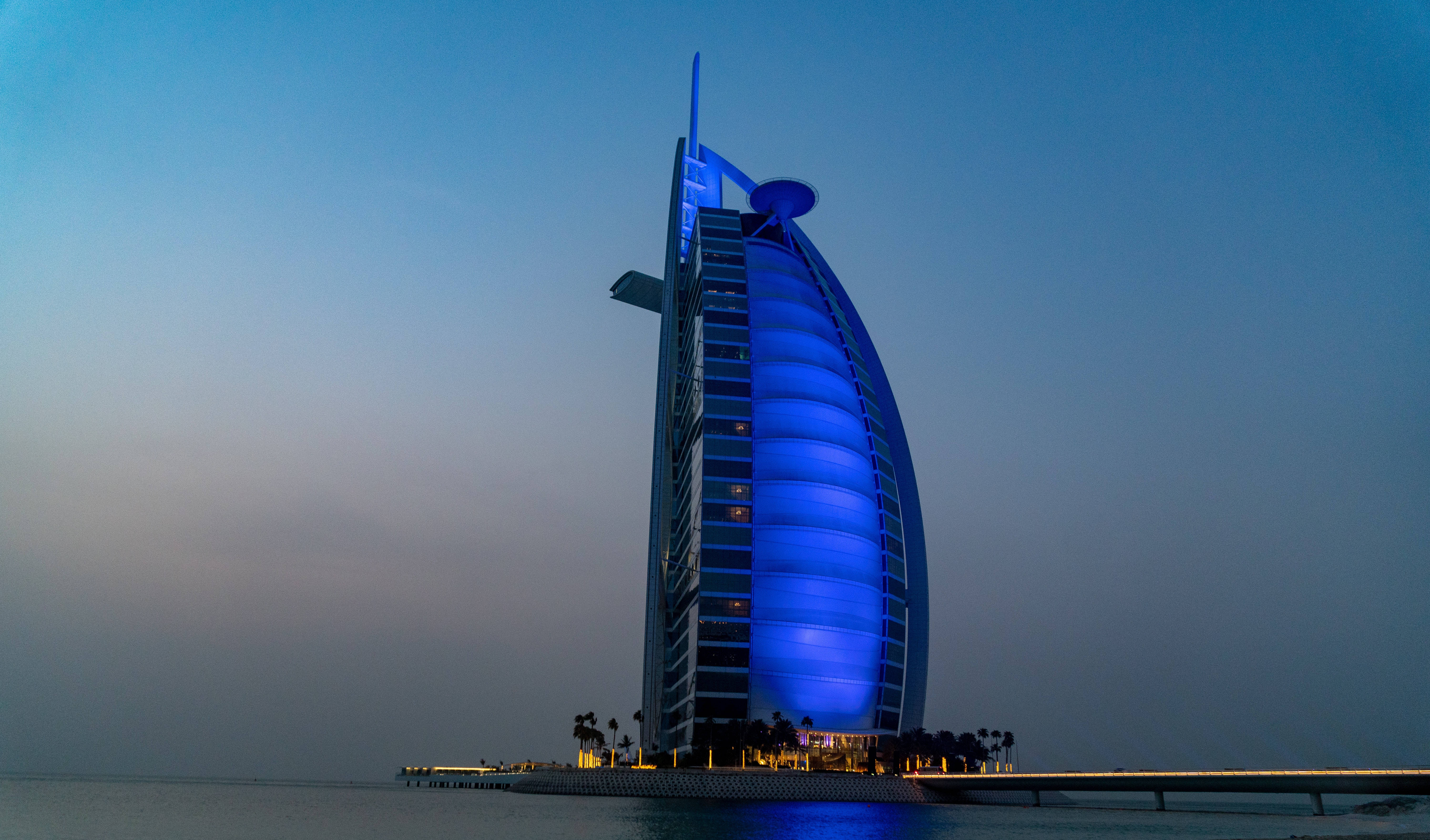 Burj Al Arab, blue lights, twilight sky, 5K Desktop Wallpaper