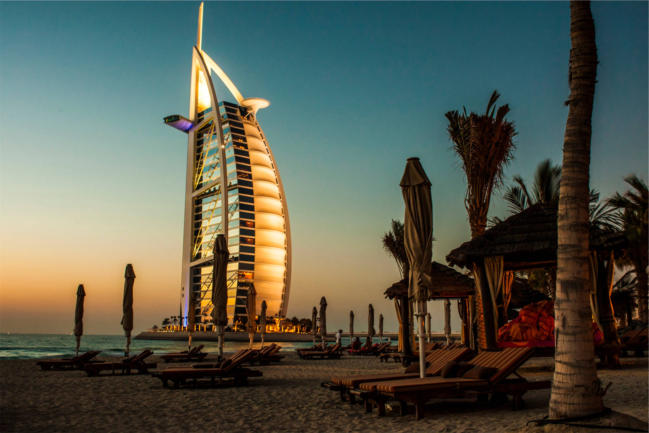 Burj Al Arab, twilight sky, lounge chairs, Full HD Desktop Wallpaper
