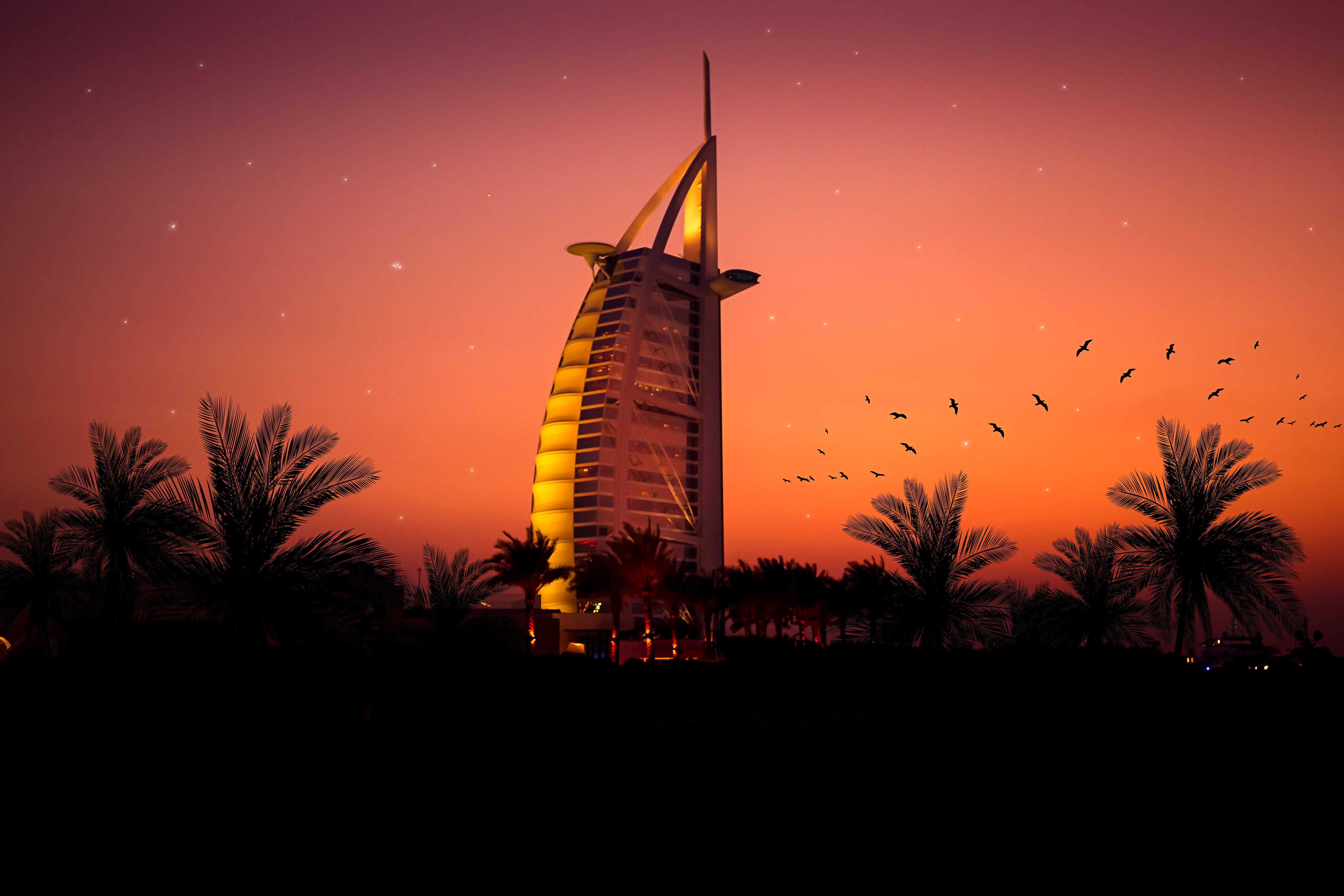 Burj Al Arab, sunset, orange, 5K Desktop Wallpaper