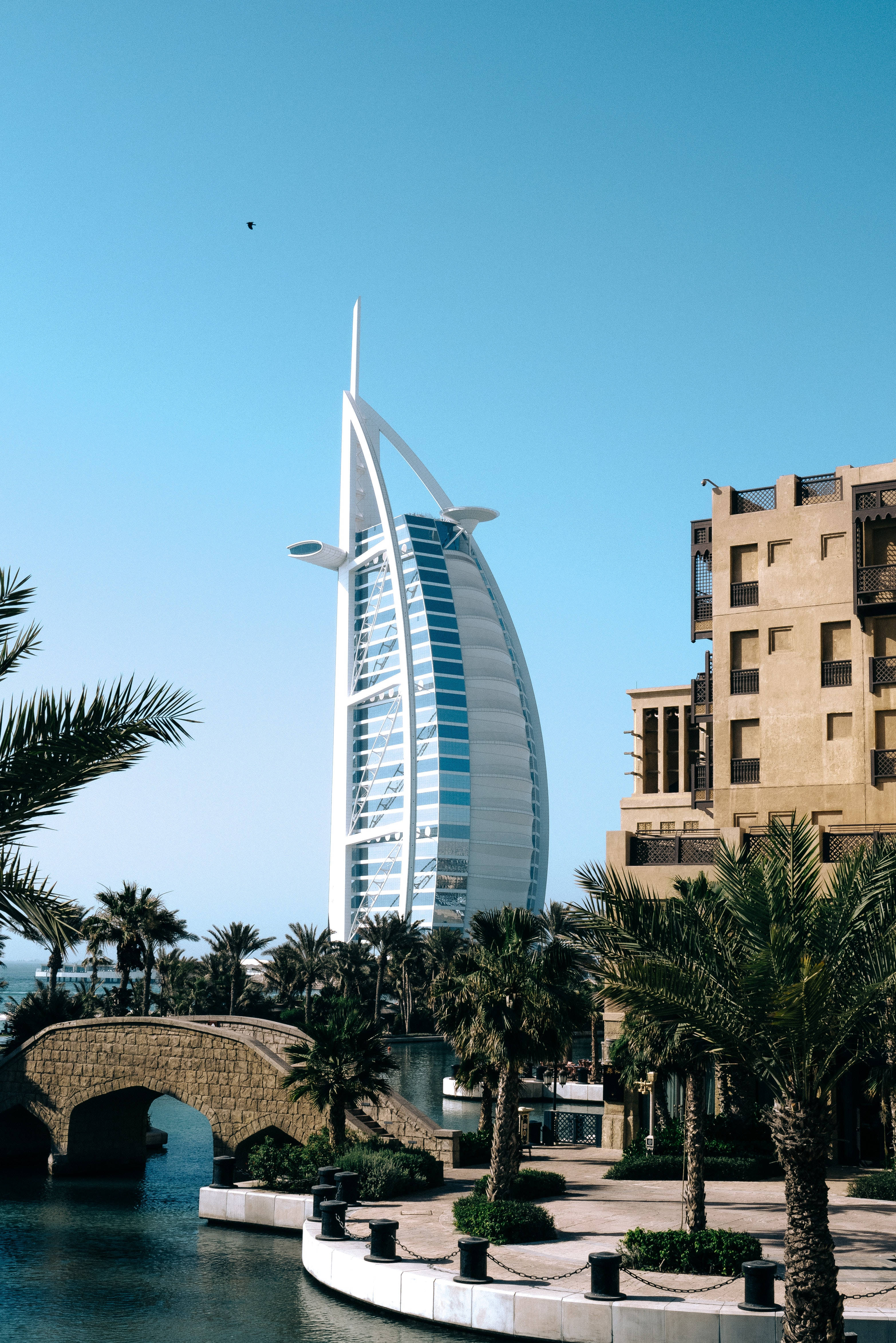 Burj Al Arab, palm trees, stone bridge, 4K Phone Wallpaper