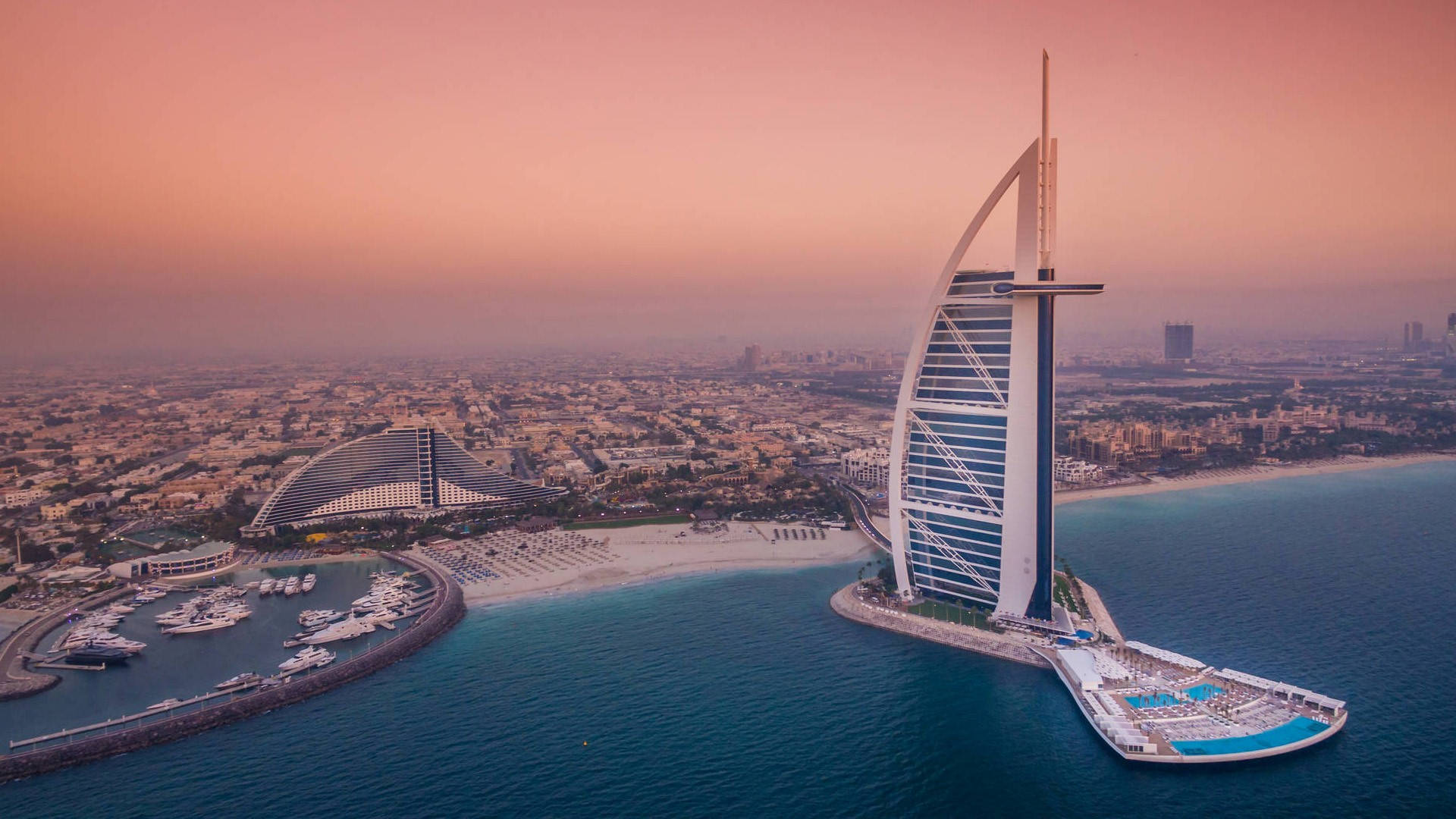 Burj Al Arab, sail-shaped structure, sunset, Full HD Desktop Wallpaper