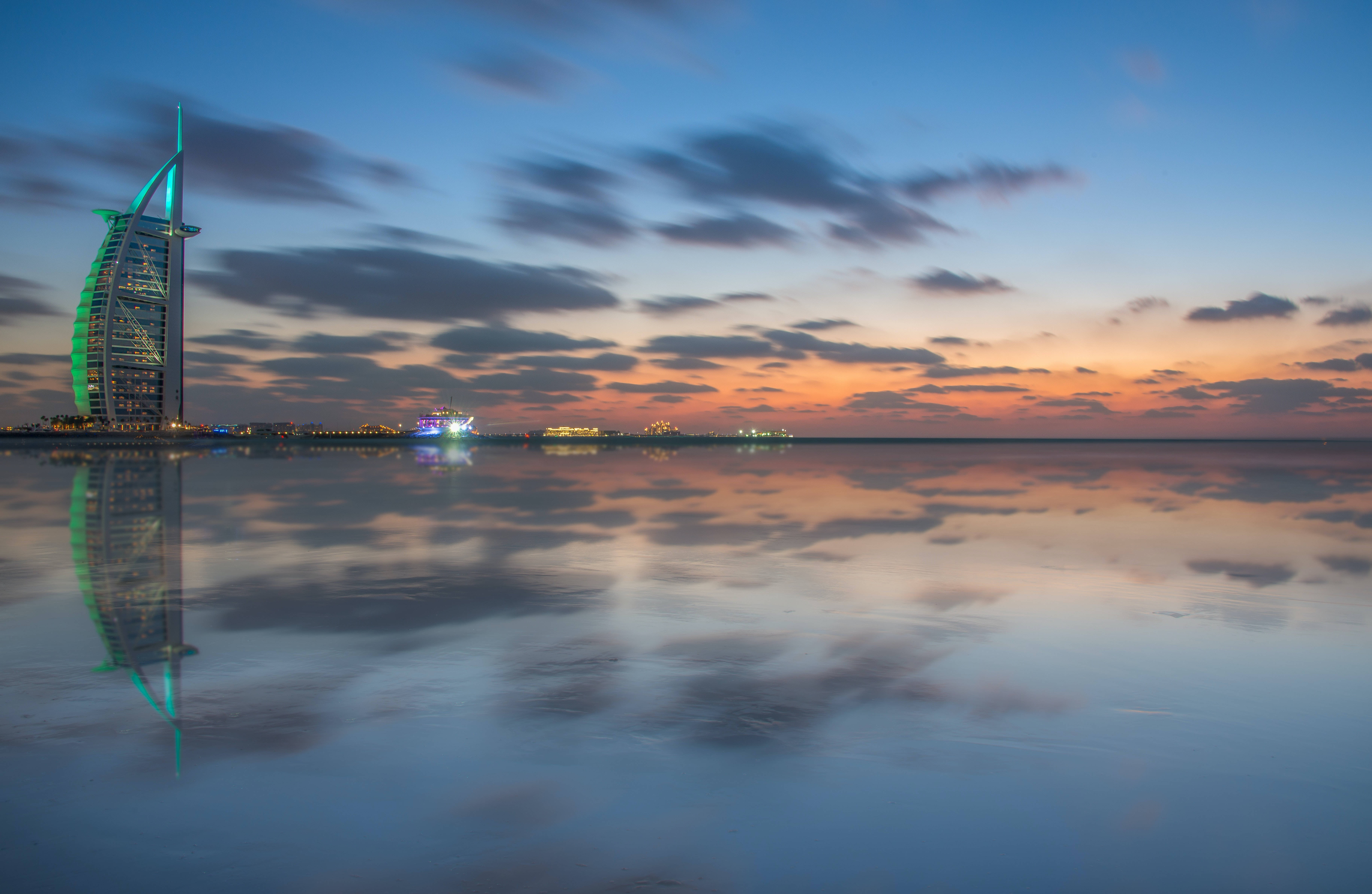 Burj Al Arab, twilight sky, streaked clouds, 5K Desktop Wallpaper