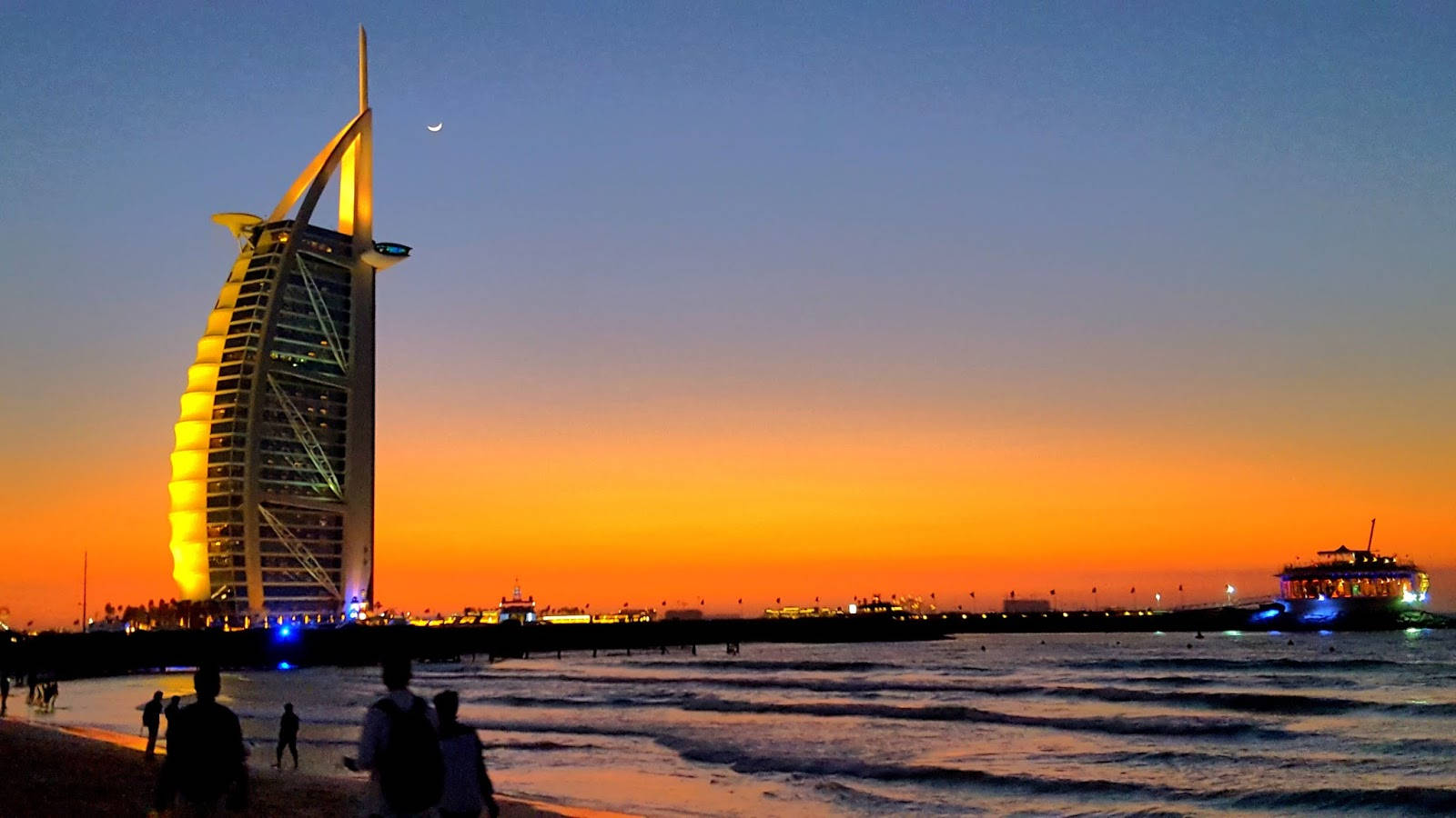 Burj Al Arab, golden sunset, crescent moon, HD Desktop Wallpaper