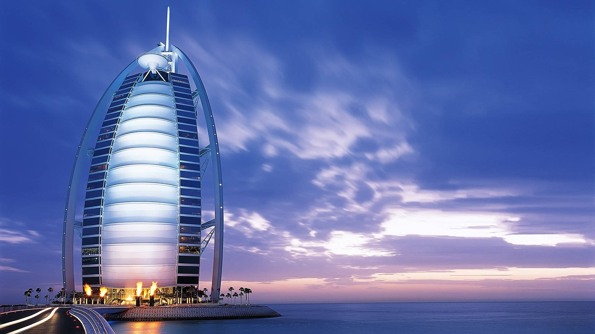 Burj Al Arab, twilight sky, purple and blue clouds, Full HD Desktop Wallpaper