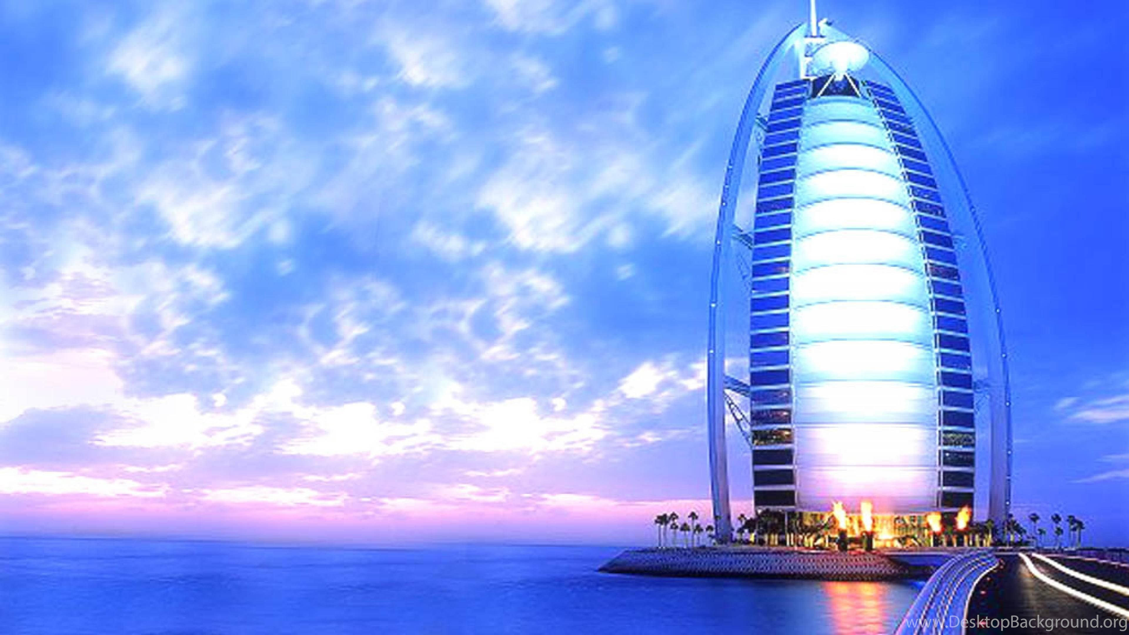 Burj Al Arab, blue lights, twilight sky, 4K Desktop Wallpaper